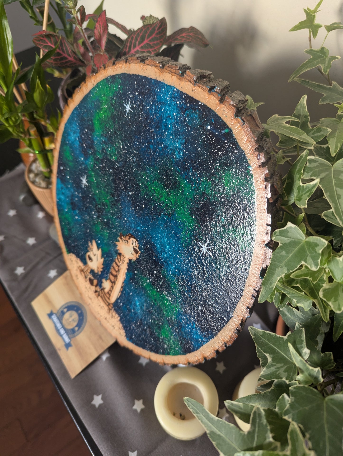 Calvin and Hobbes 'Mesmerized by the Night' Pyrography on Wood Canvas