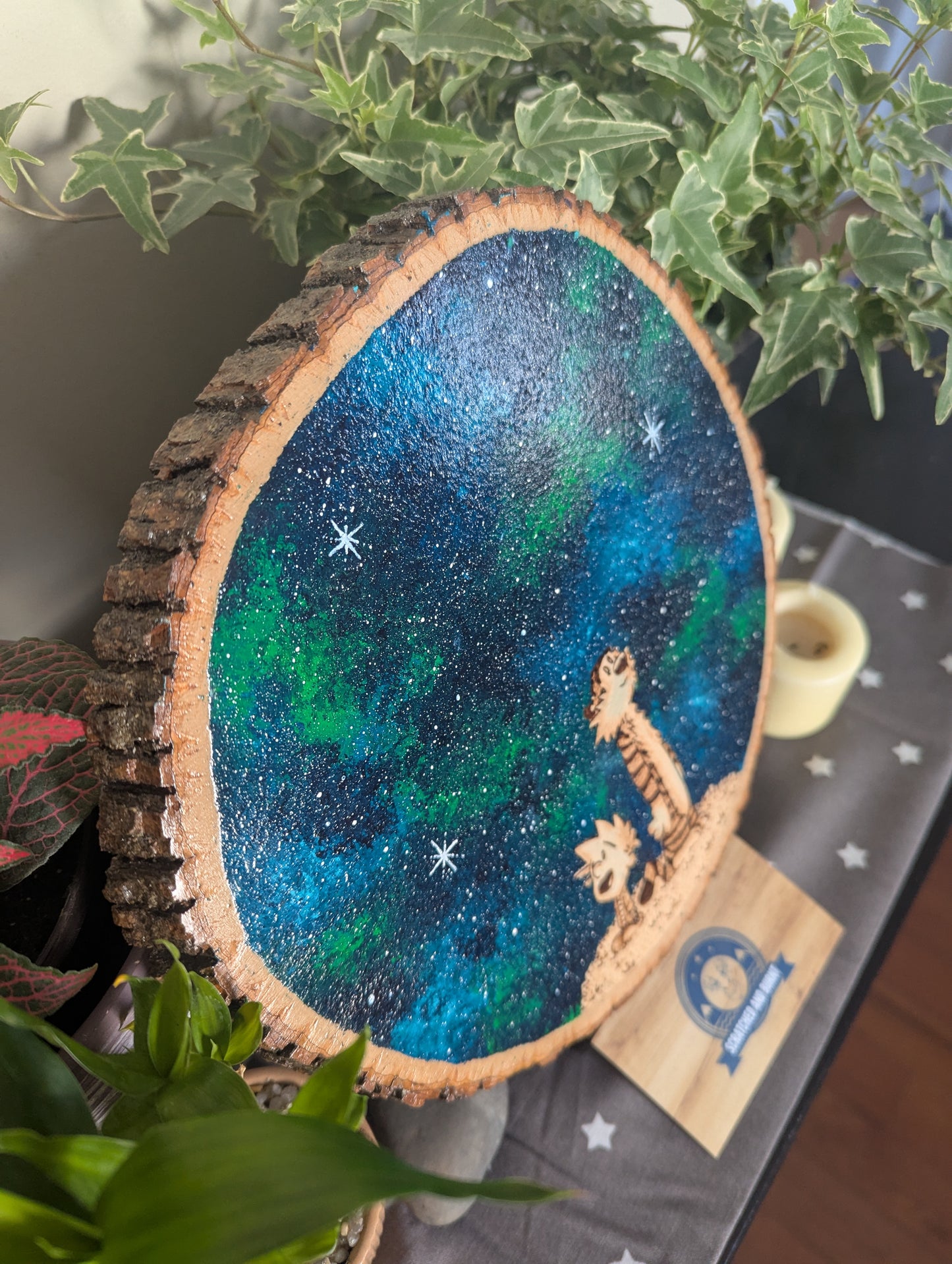 Calvin and Hobbes 'Mesmerized by the Night' Pyrography on Wood Canvas