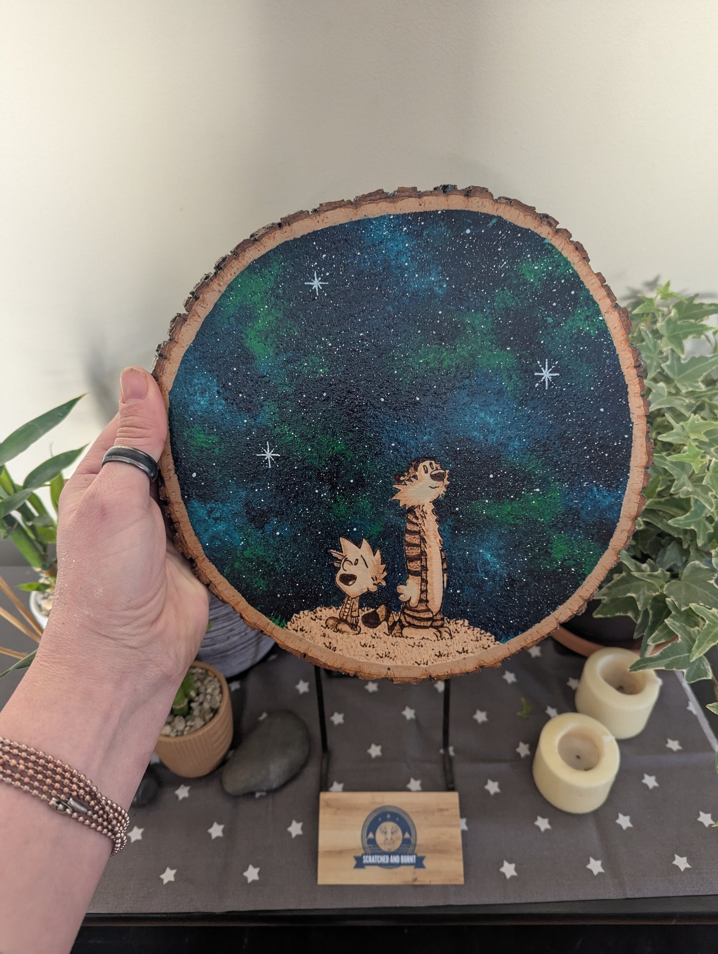 Calvin and Hobbes 'Mesmerized by the Night' Pyrography on Wood Canvas