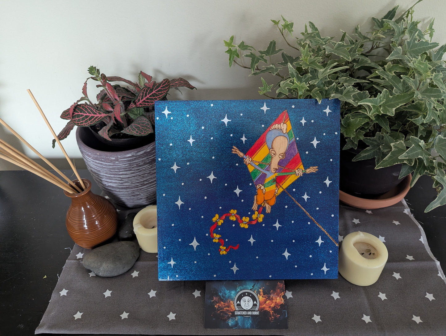 'Kite Dreams: Roger Takes Flight', Pyrography with Acrylics, on Wood