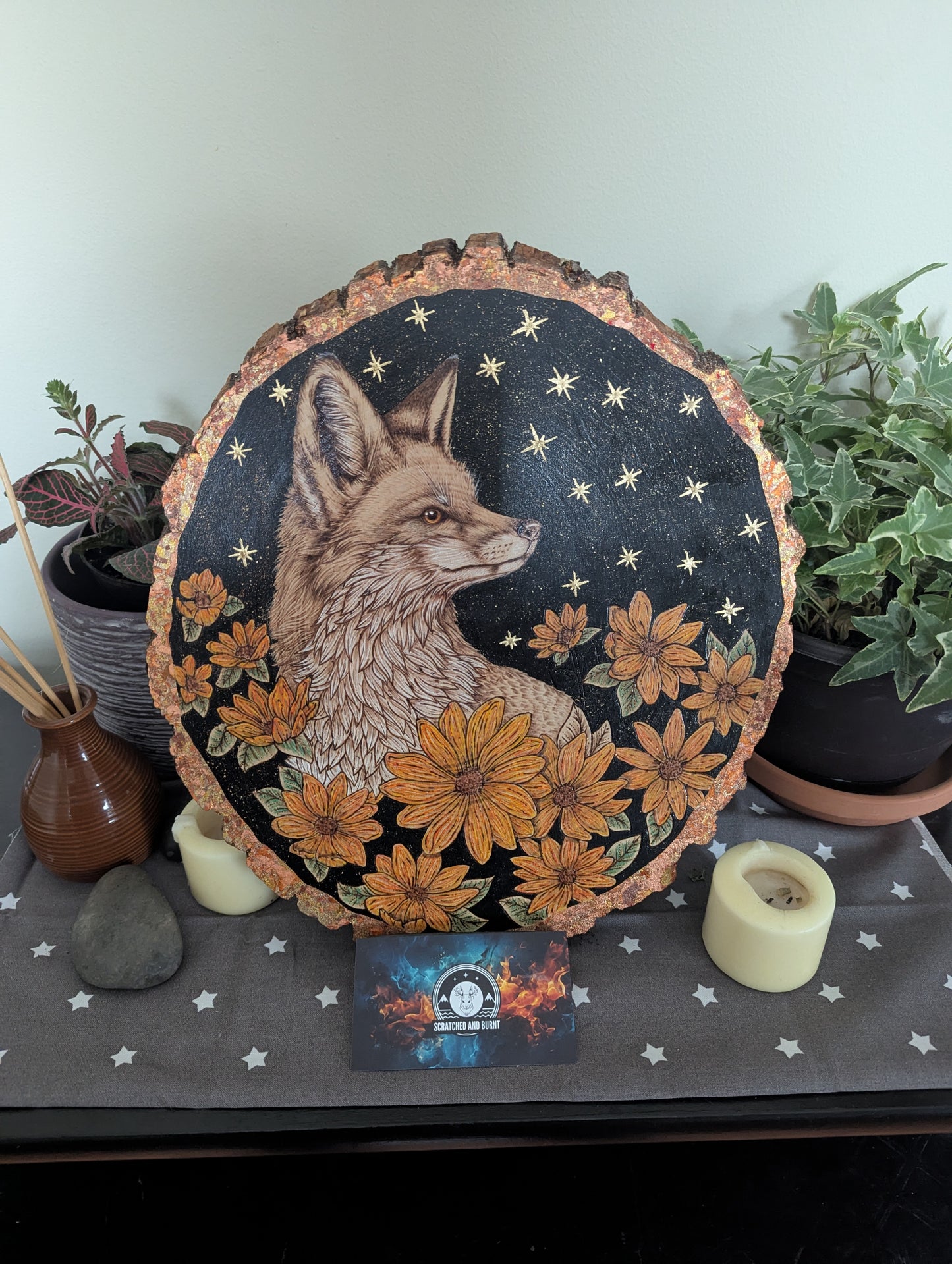 'Autumn’s Watchful Fox', Pyrography with Gold Foil Accents on Wood, Desk/Wall Art