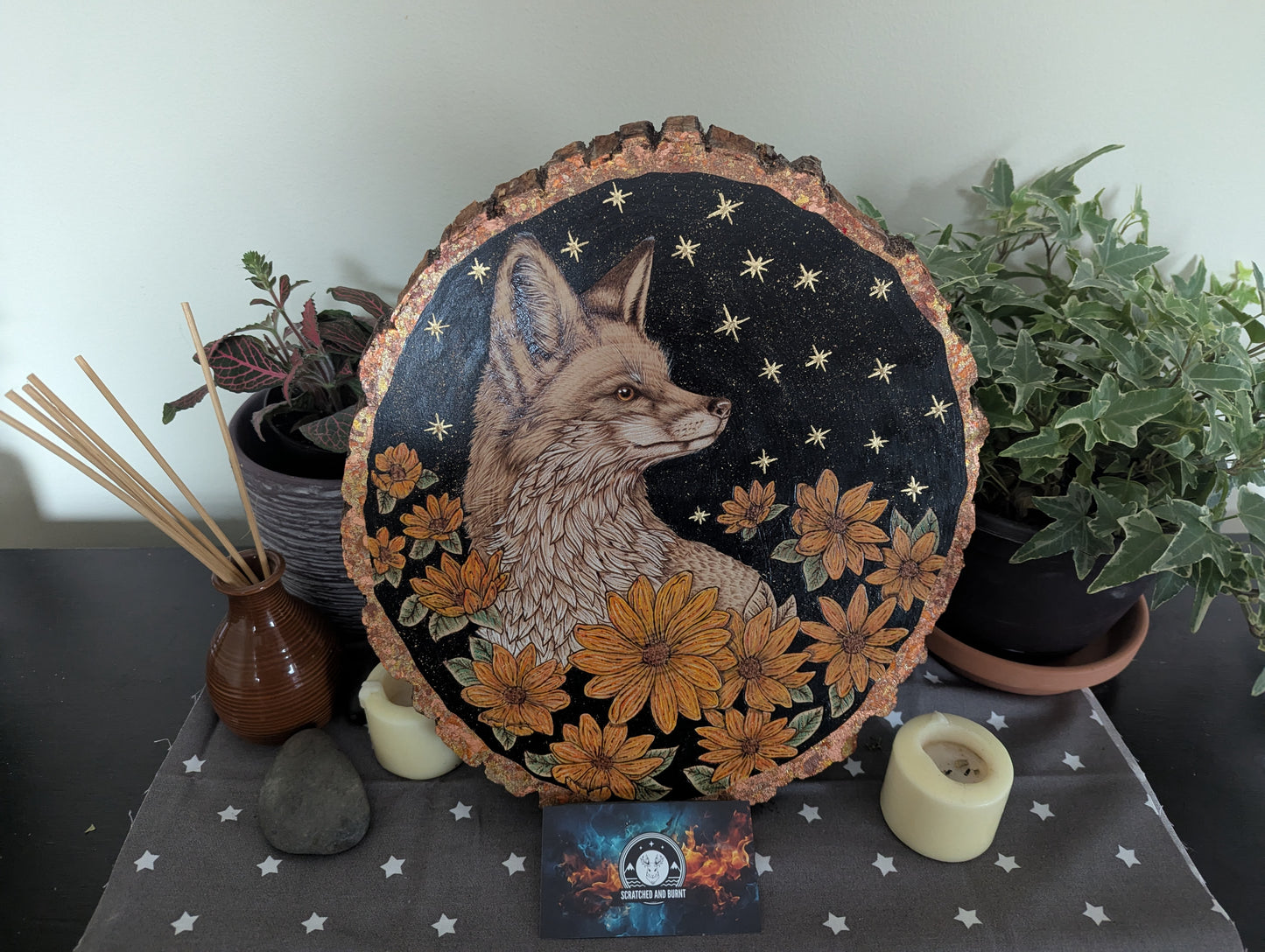 'Autumn’s Watchful Fox', Pyrography with Gold Foil Accents on Wood, Desk/Wall Art