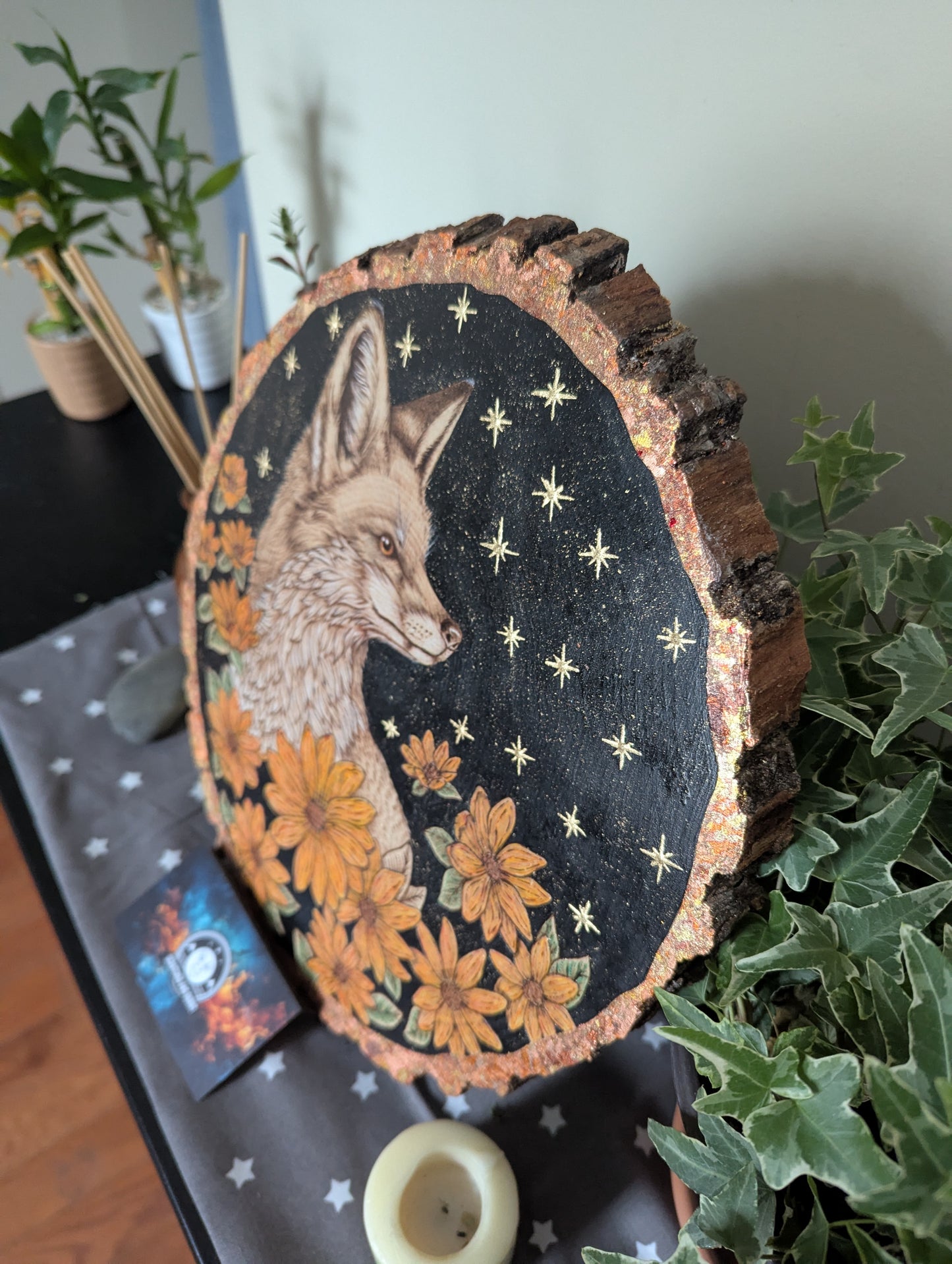 'Autumn’s Watchful Fox', Pyrography with Gold Foil Accents on Wood, Desk/Wall Art