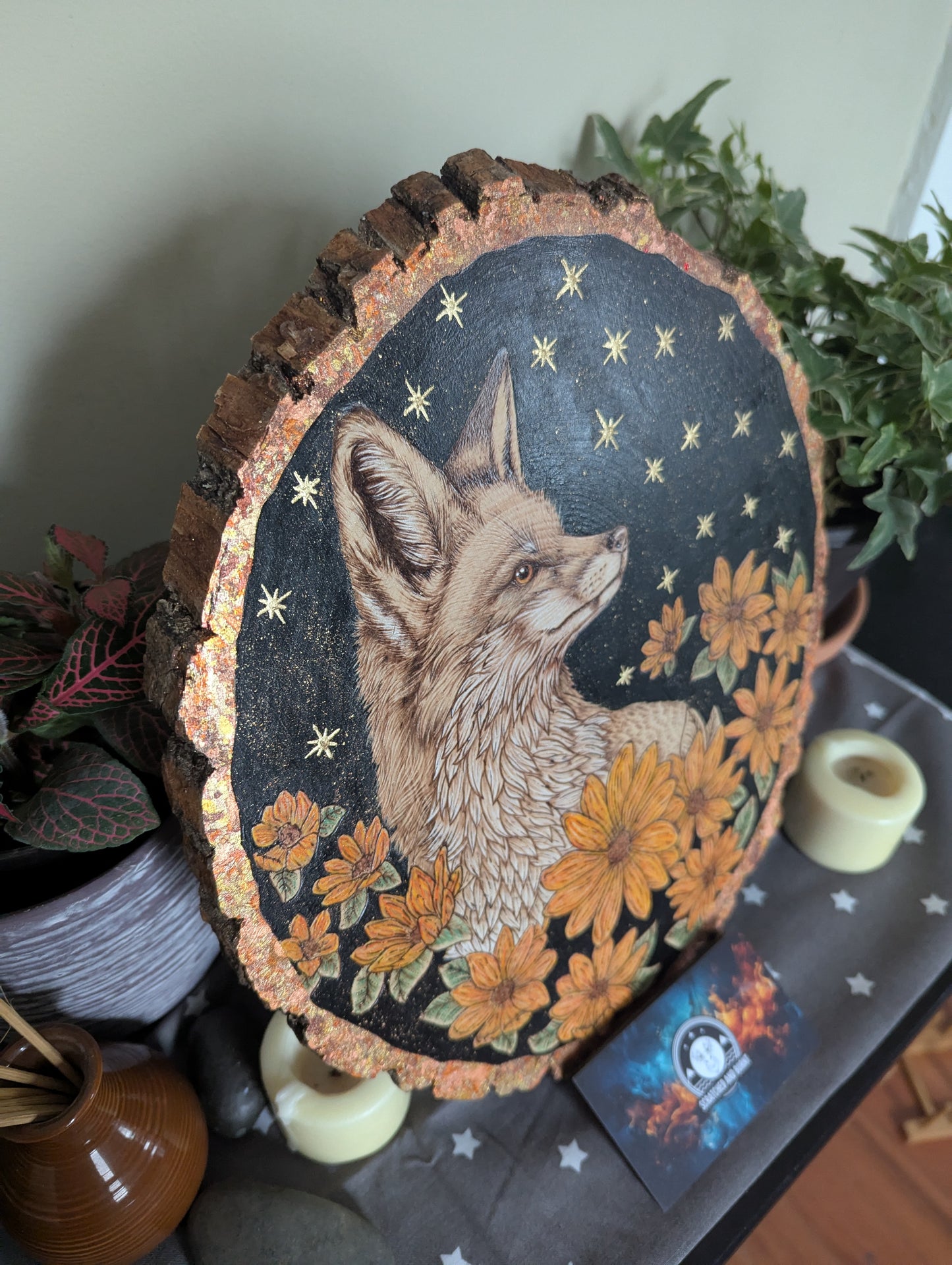 'Autumn’s Watchful Fox', Pyrography with Gold Foil Accents on Wood, Desk/Wall Art