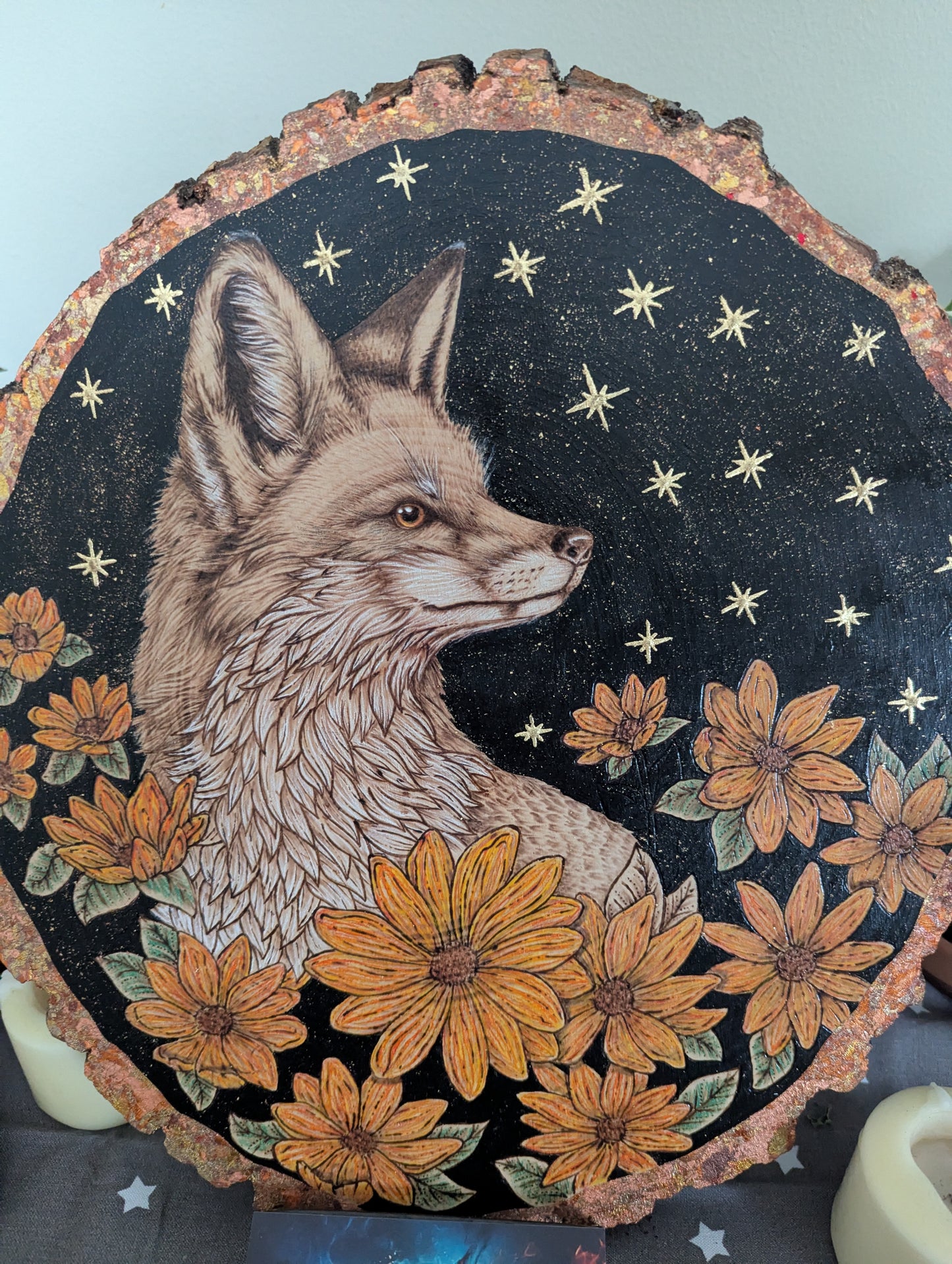 'Autumn’s Watchful Fox', Pyrography with Gold Foil Accents on Wood, Desk/Wall Art