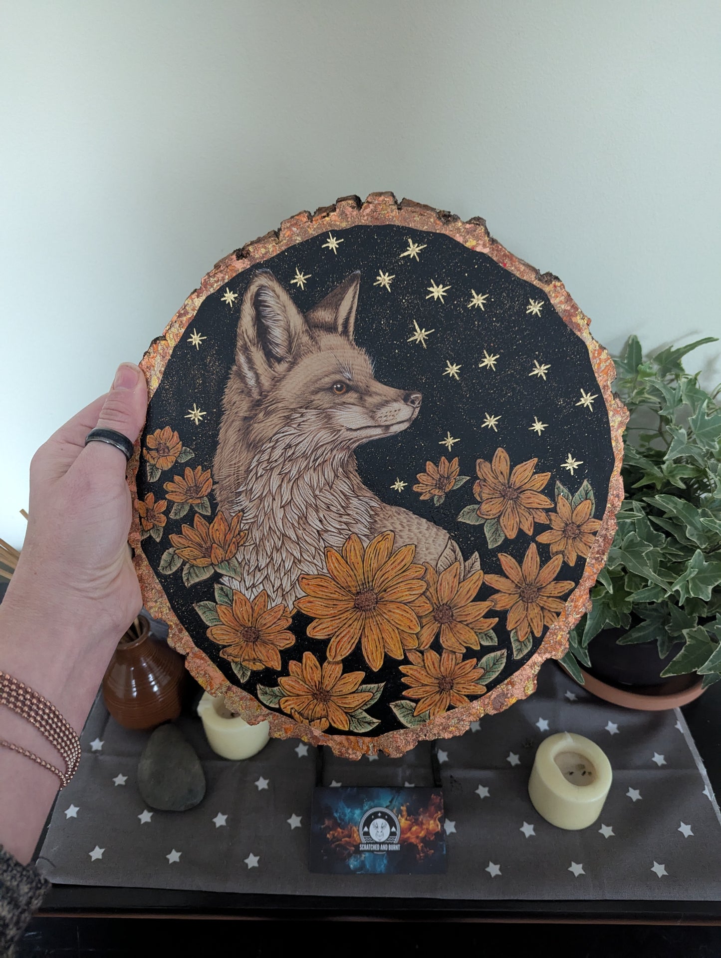'Autumn’s Watchful Fox', Pyrography with Gold Foil Accents on Wood, Desk/Wall Art
