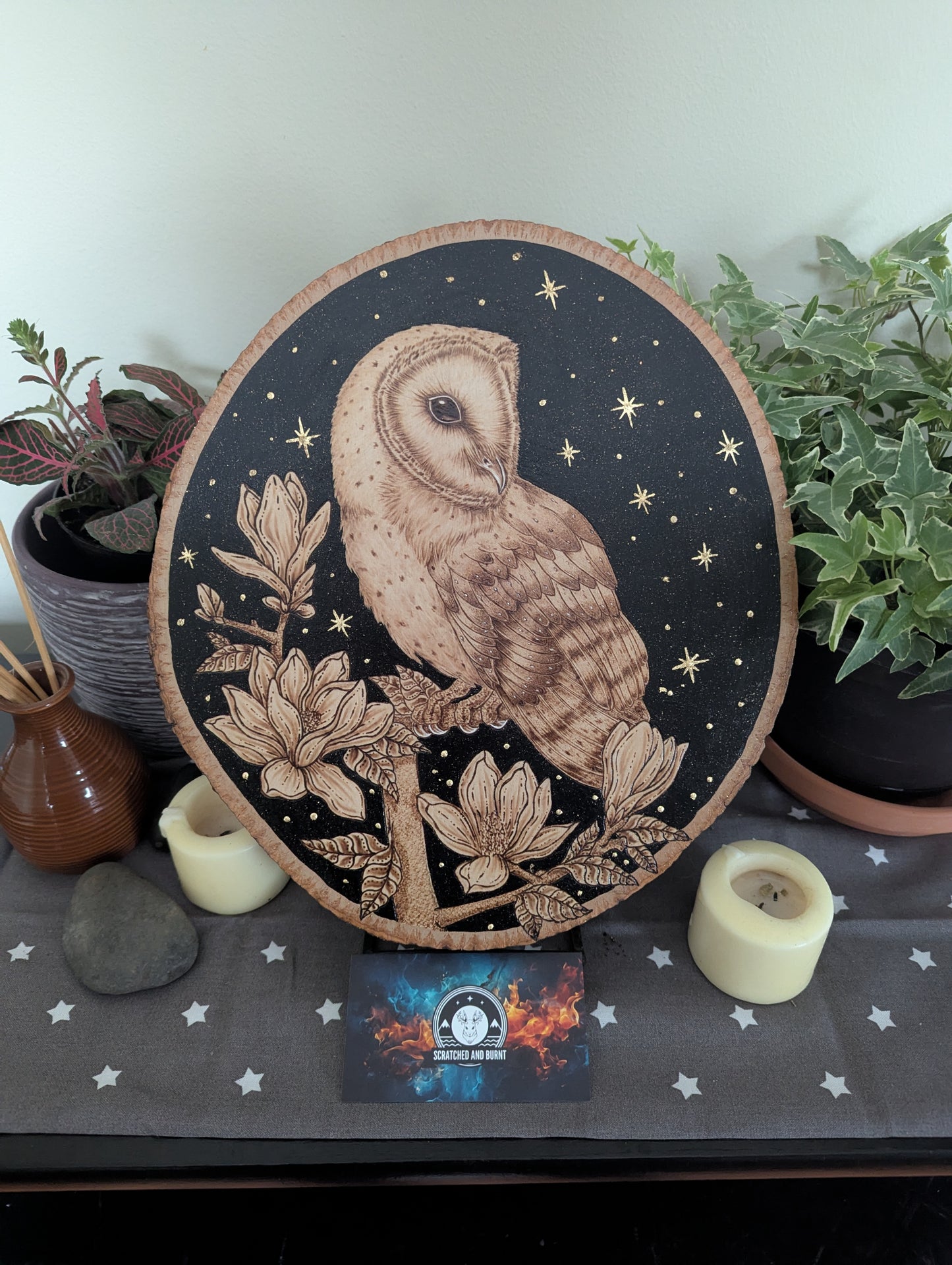 'Owl of the Night Sky', Pyrography on Wood, Desk/Wall Art
