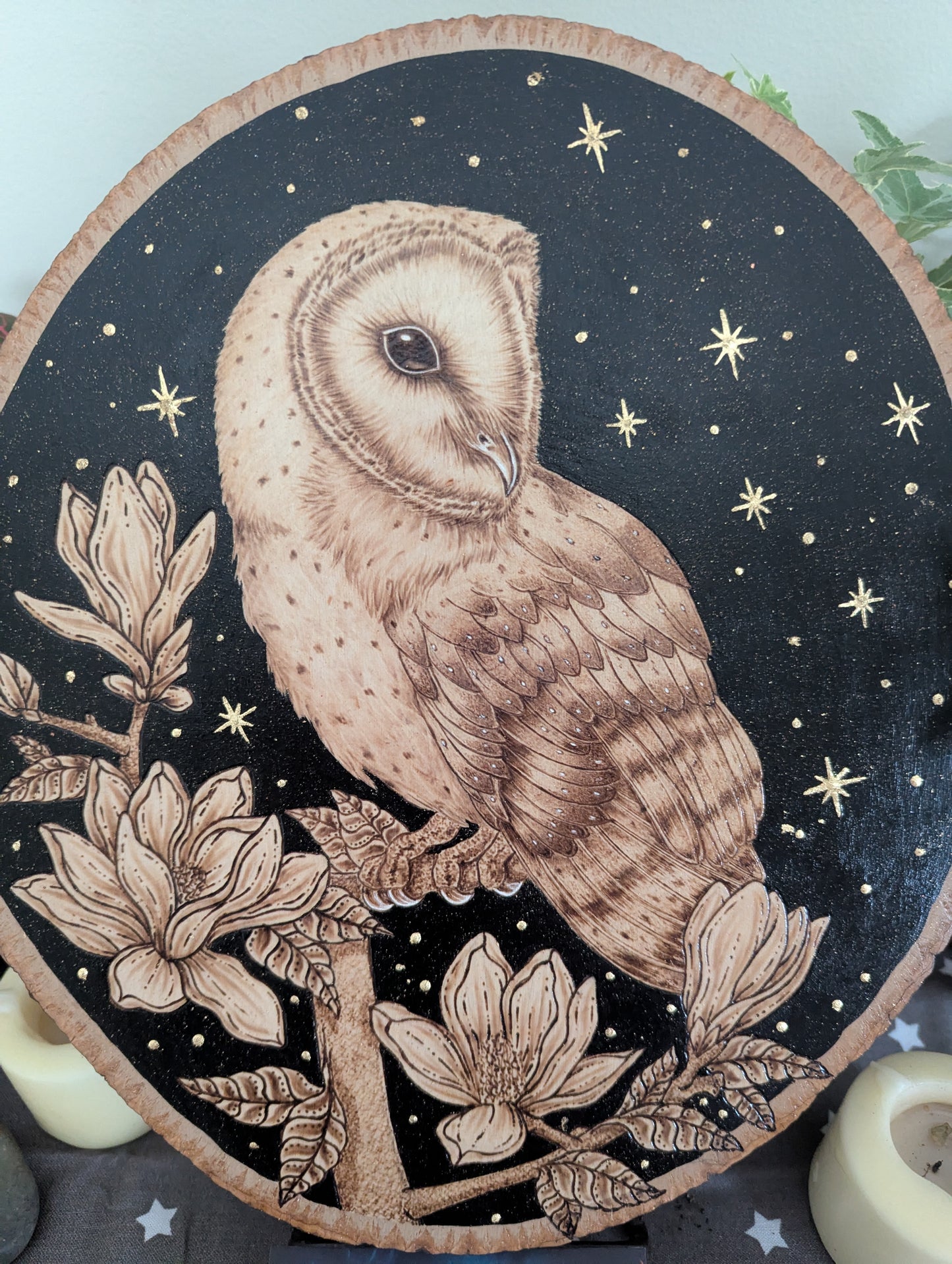 'Owl of the Night Sky', Pyrography on Wood, Desk/Wall Art