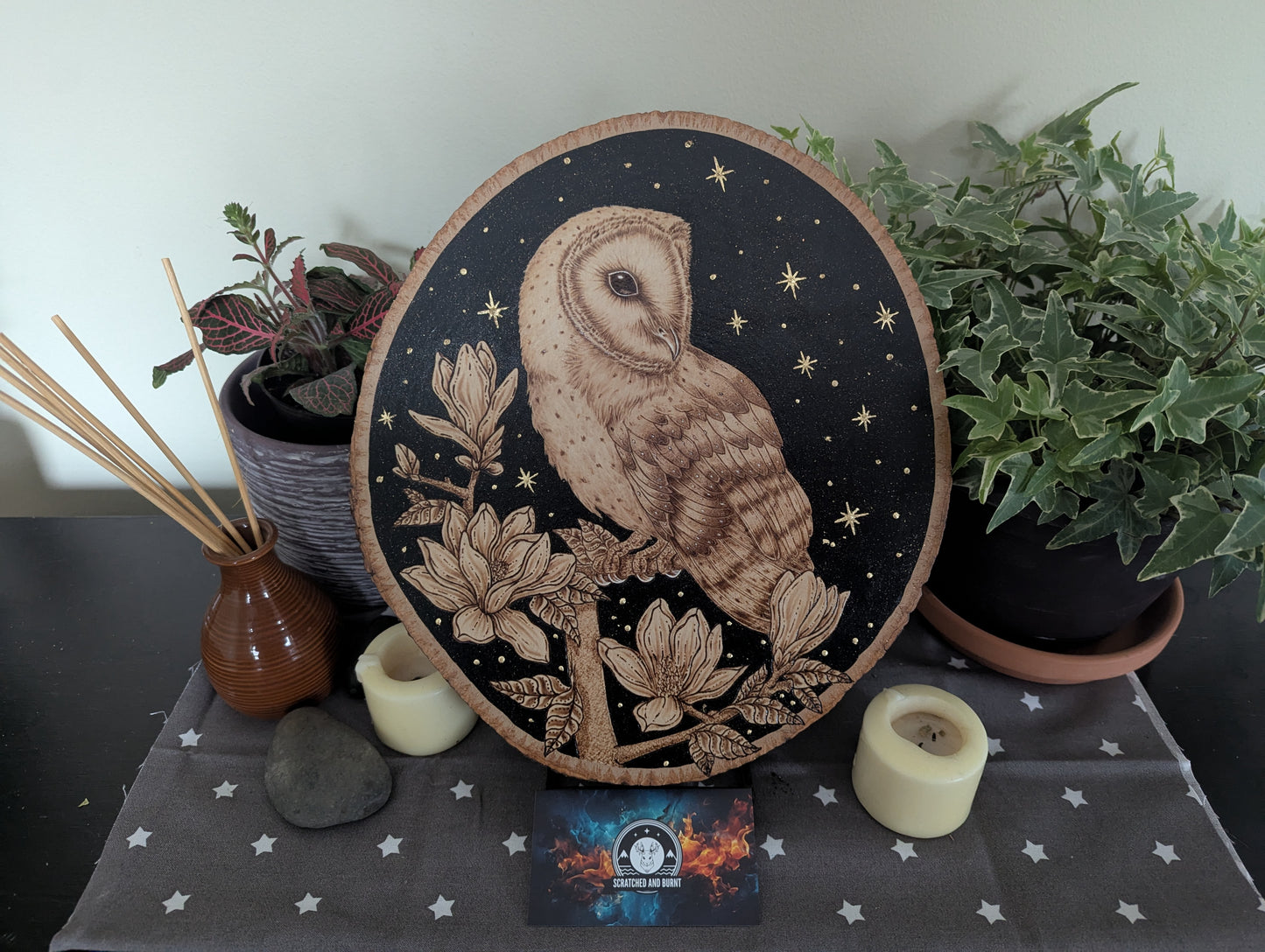 'Owl of the Night Sky', Pyrography on Wood, Desk/Wall Art