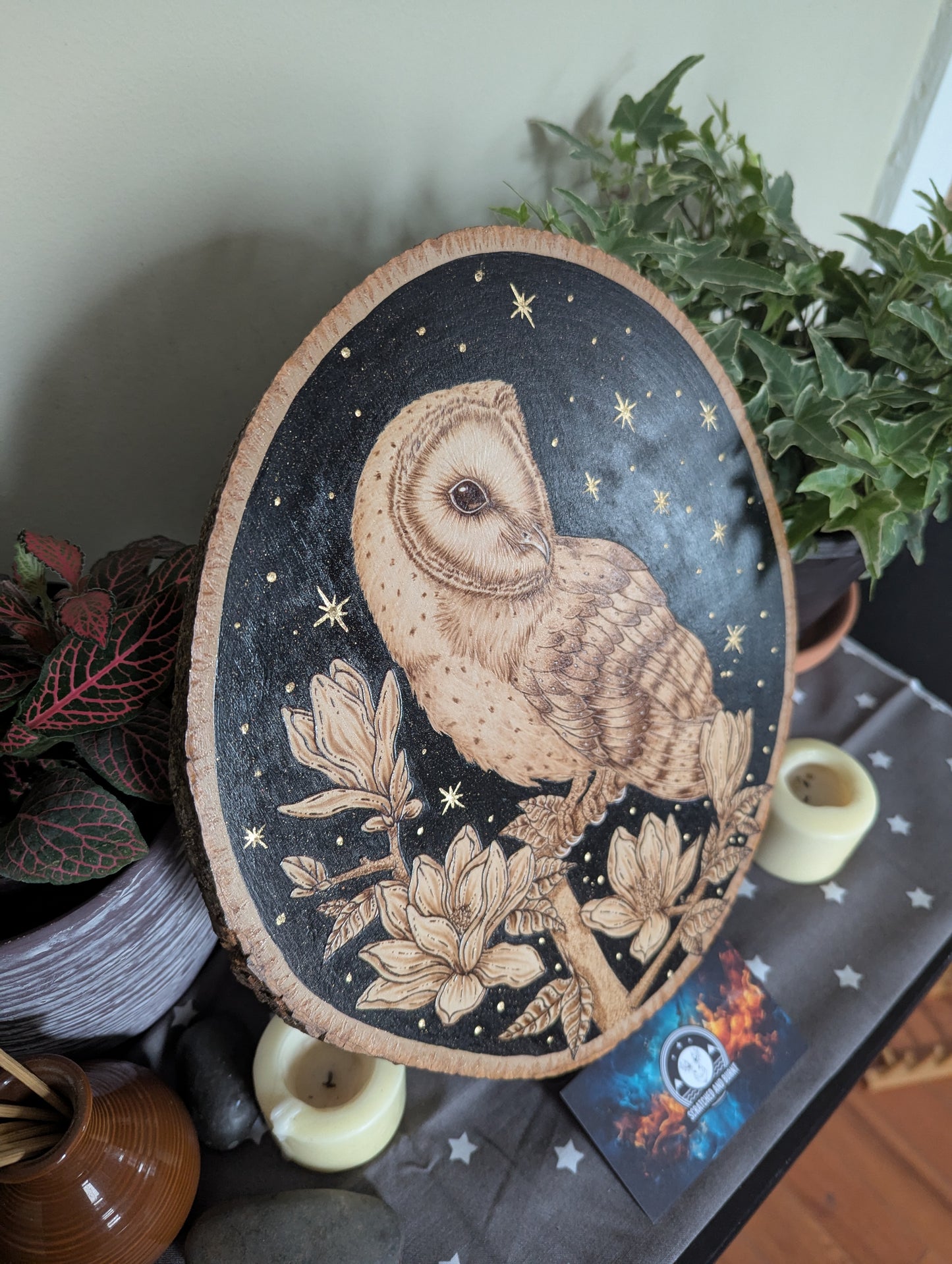 'Owl of the Night Sky', Pyrography on Wood, Desk/Wall Art