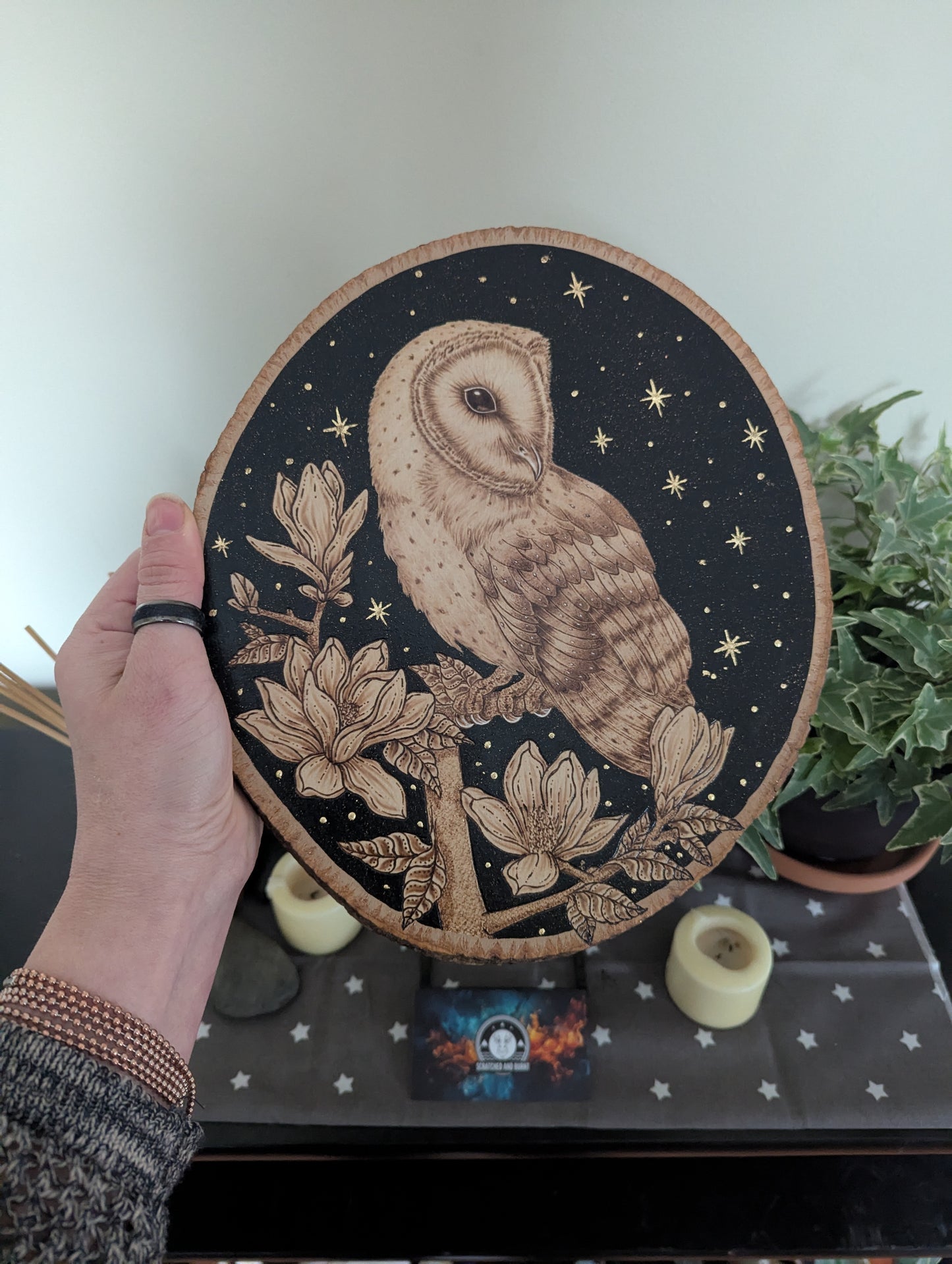 'Owl of the Night Sky', Pyrography on Wood, Desk/Wall Art