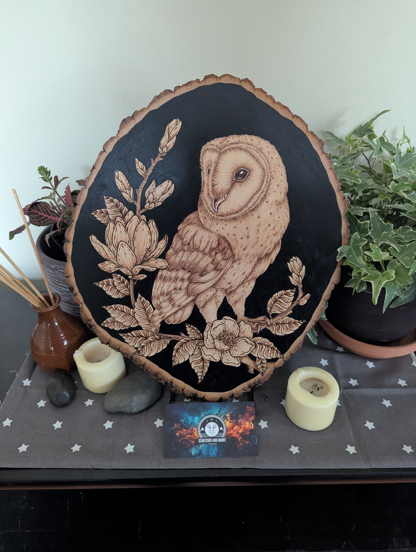 'The Owl & the Blossoms', Pyrography on Wood, Desk/Wall Art