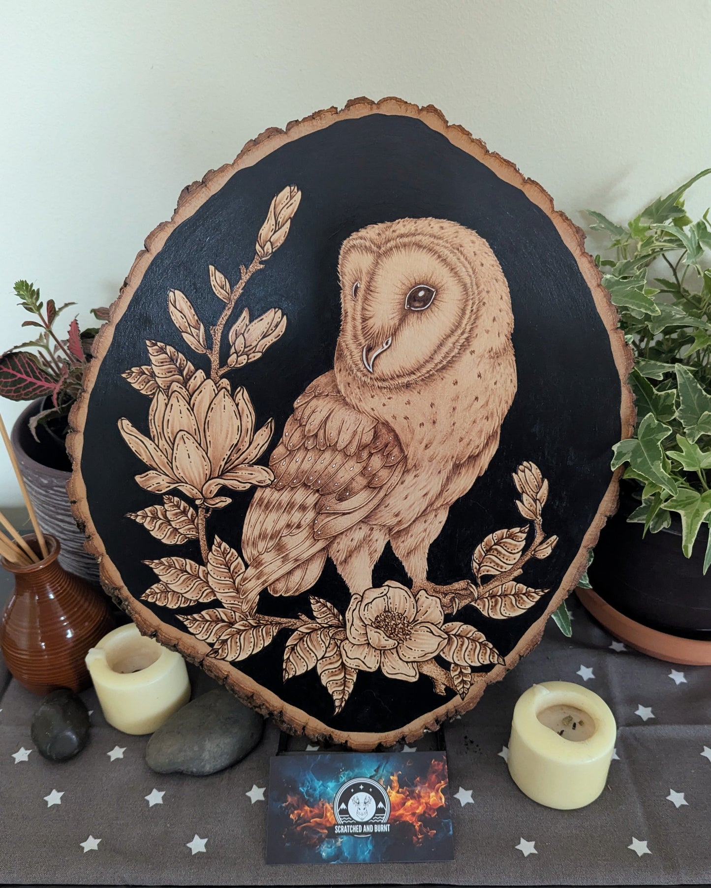 'The Owl & the Blossoms', Pyrography on Wood, Desk/Wall Art