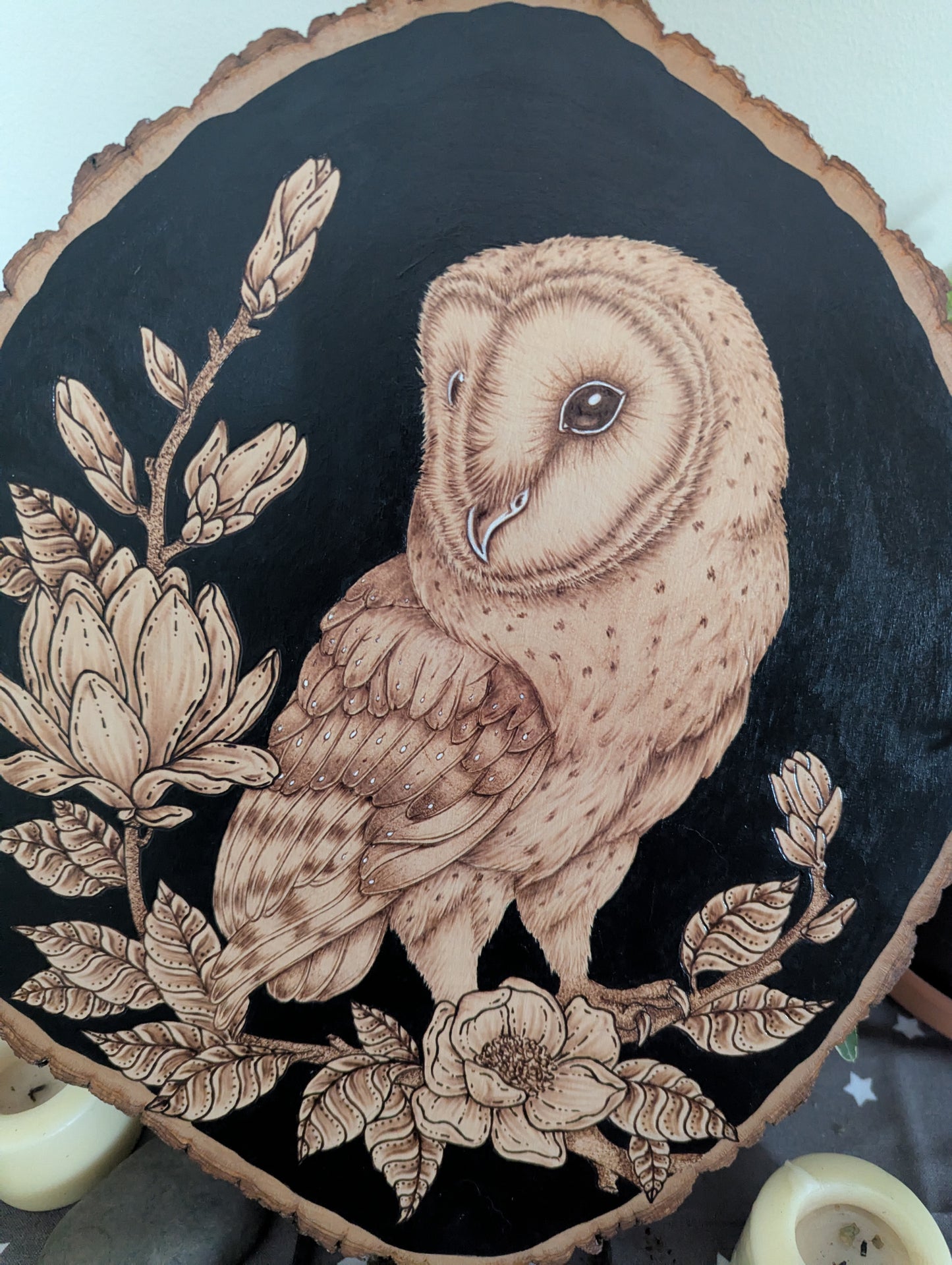 'The Owl & the Blossoms', Pyrography on Wood, Desk/Wall Art