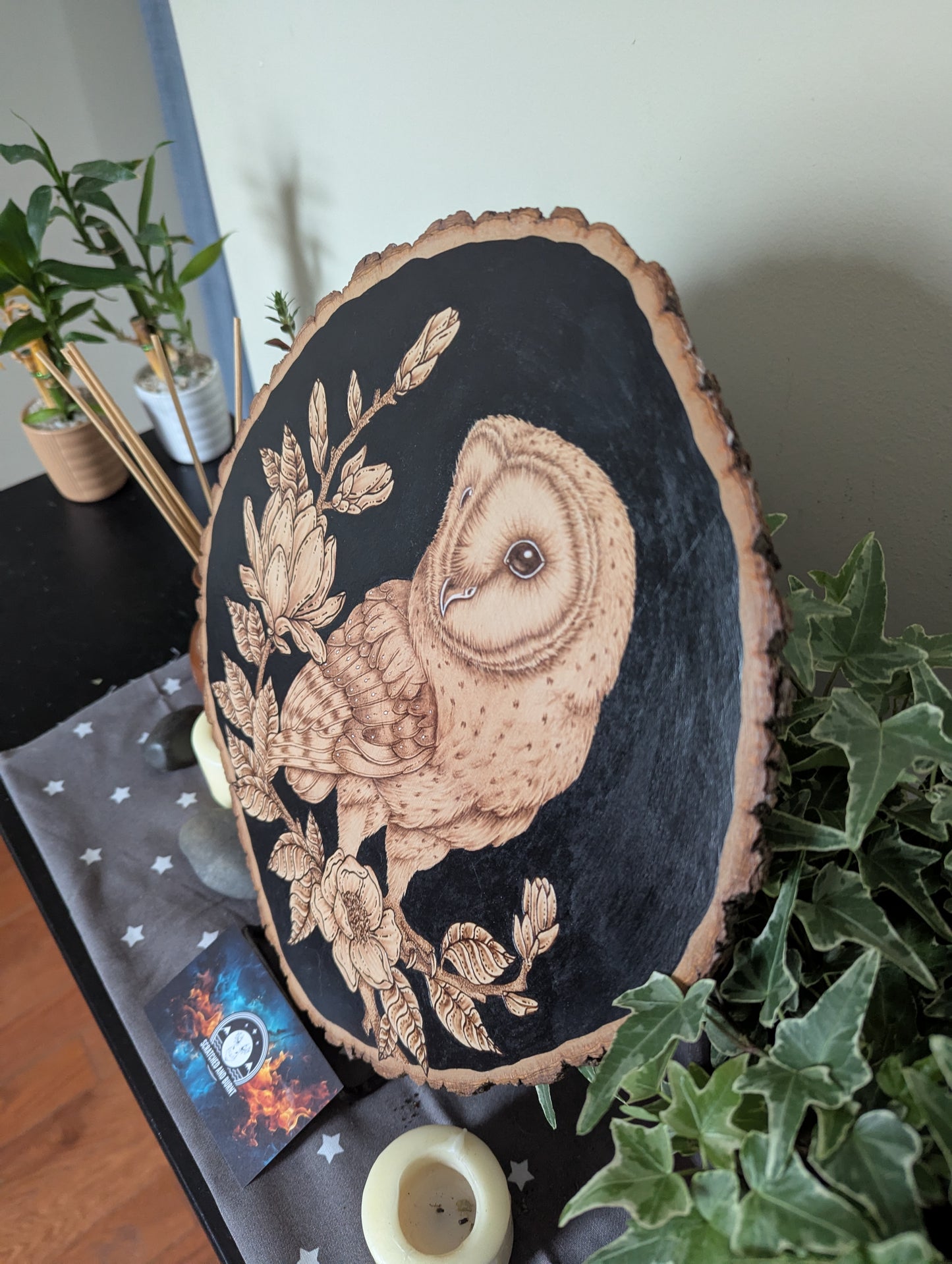 'The Owl & the Blossoms', Pyrography on Wood, Desk/Wall Art
