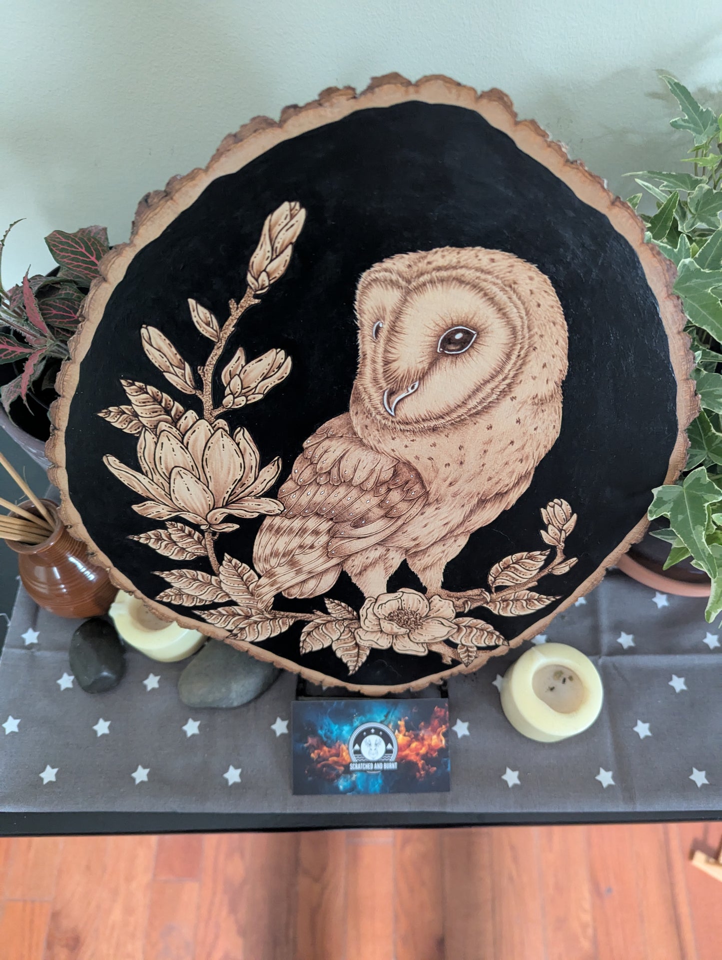 'The Owl & the Blossoms', Pyrography on Wood, Desk/Wall Art