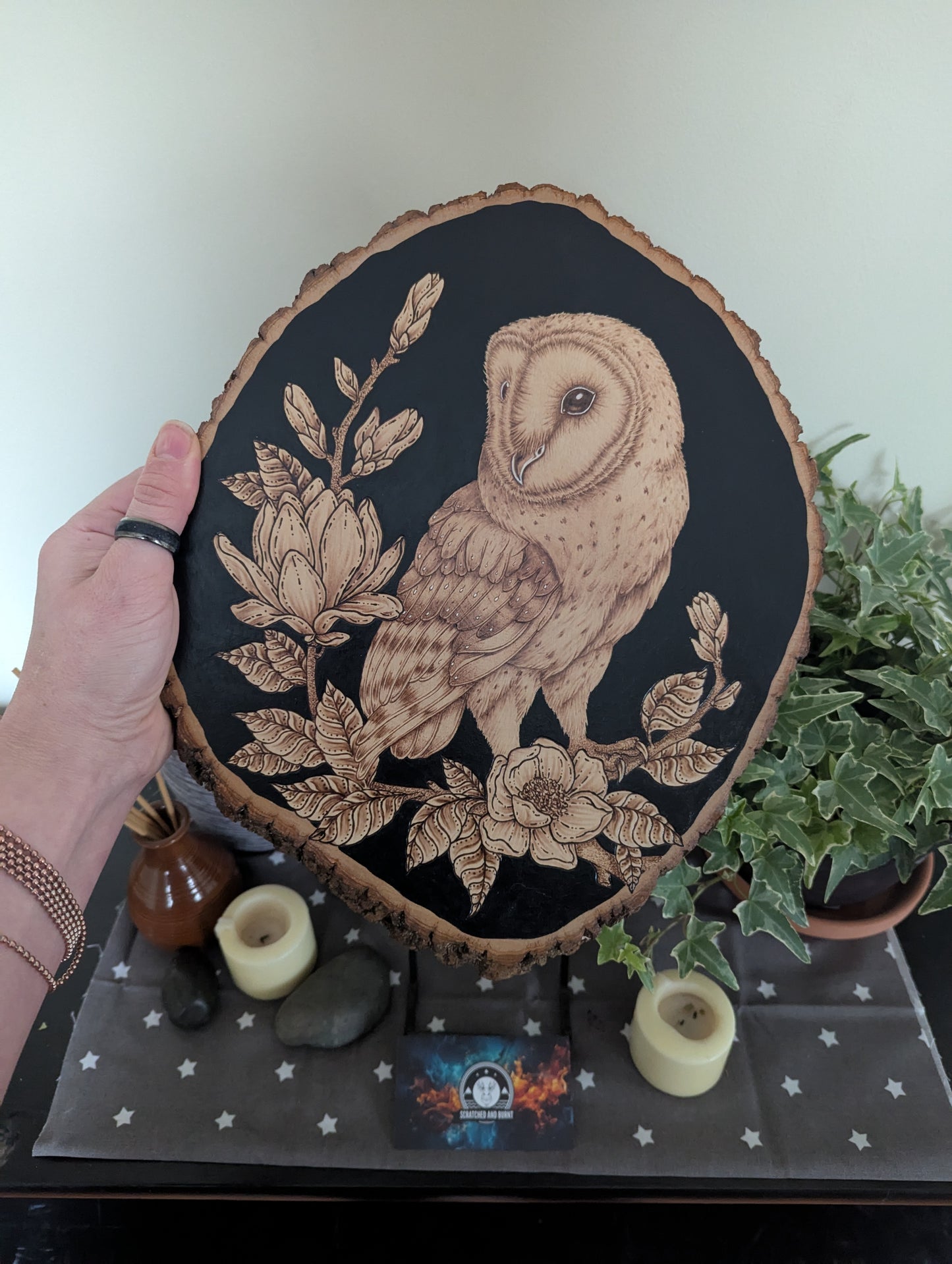 'The Owl & the Blossoms', Pyrography on Wood, Desk/Wall Art