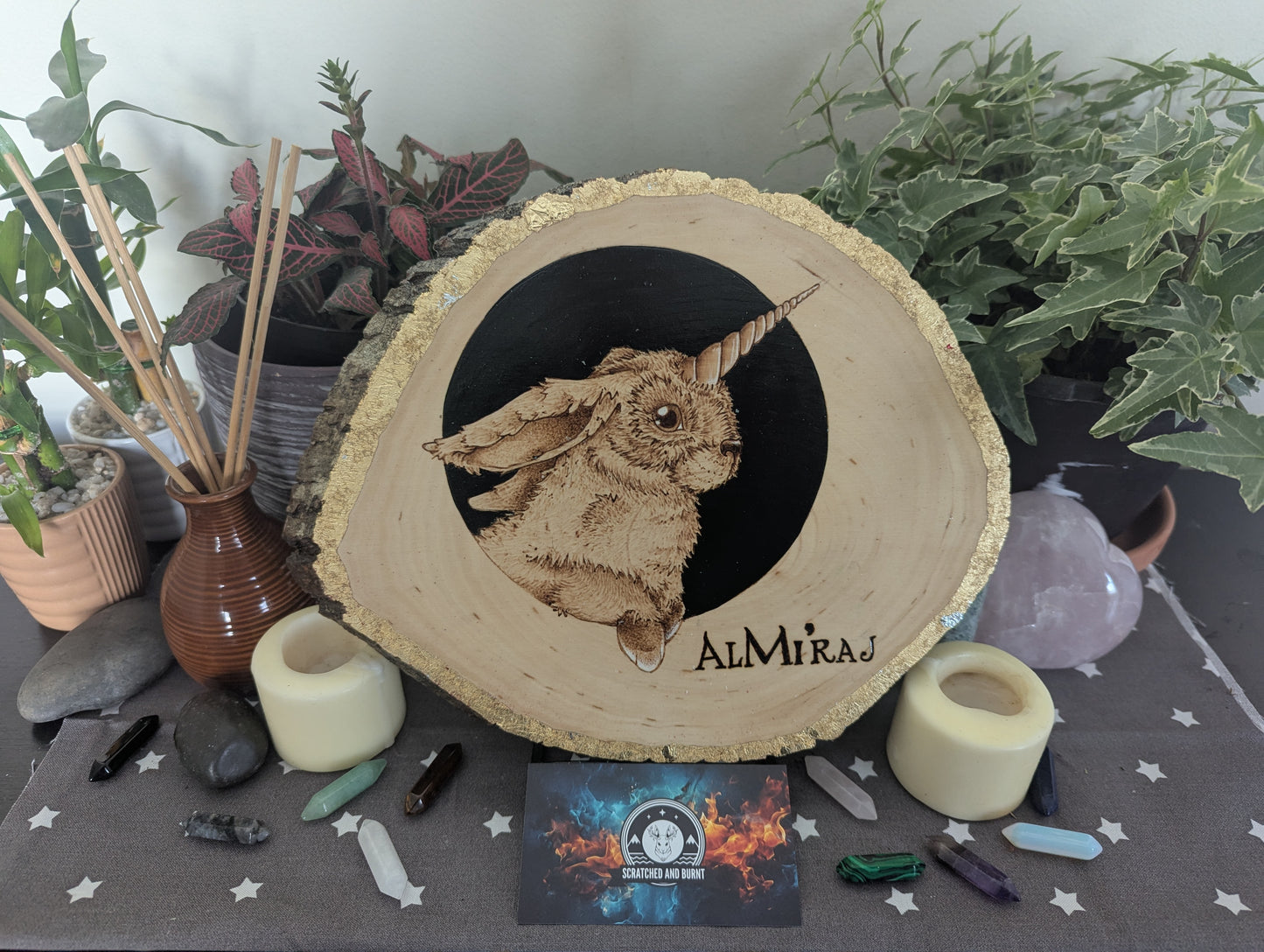 'Gilded Al-Mi'raj', Pyrography with Gold Foil Accents on Wood, Desk/Wall Art