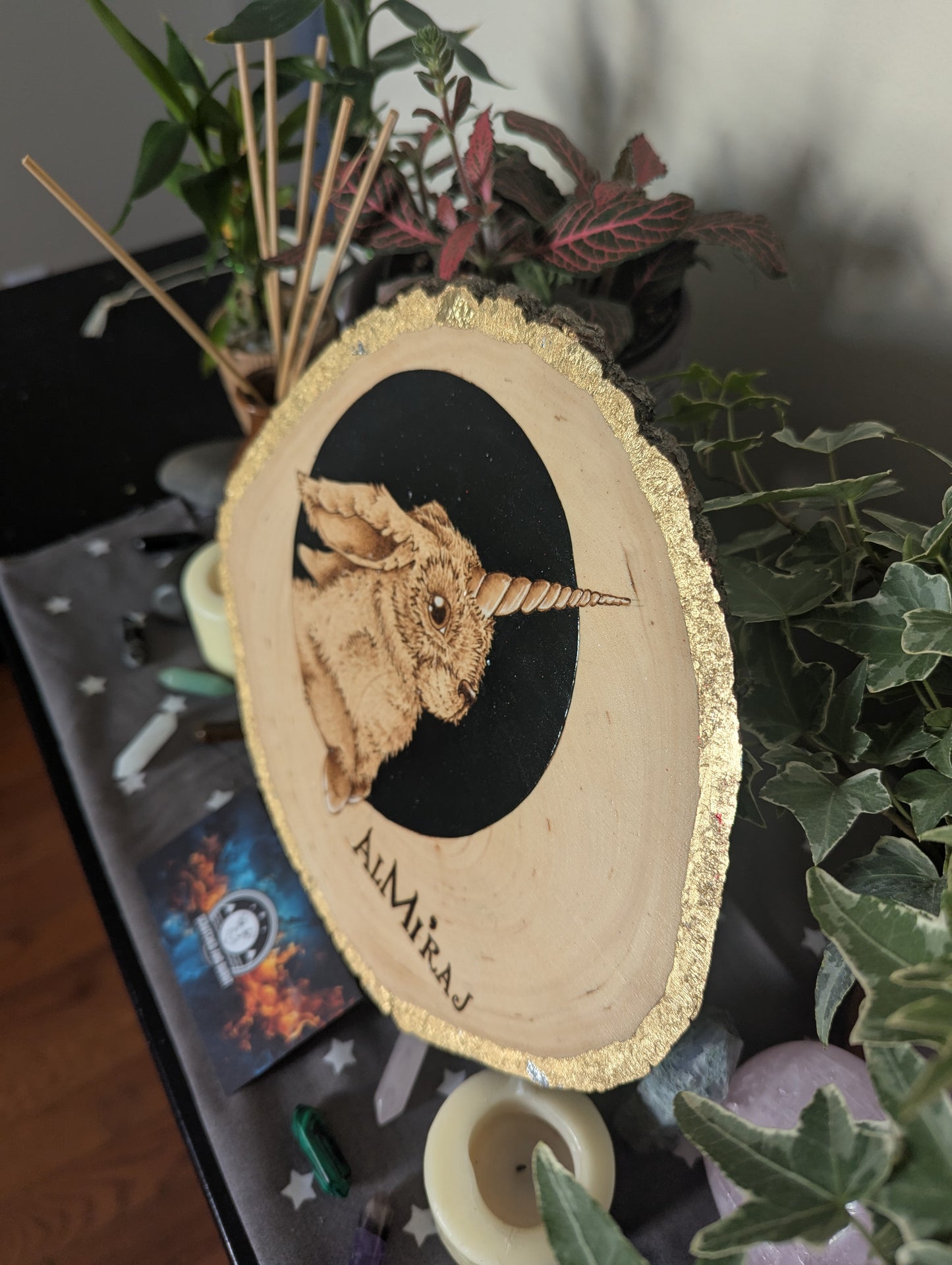 'Gilded Al-Mi'raj', Pyrography with Gold Foil Accents on Wood, Desk/Wall Art
