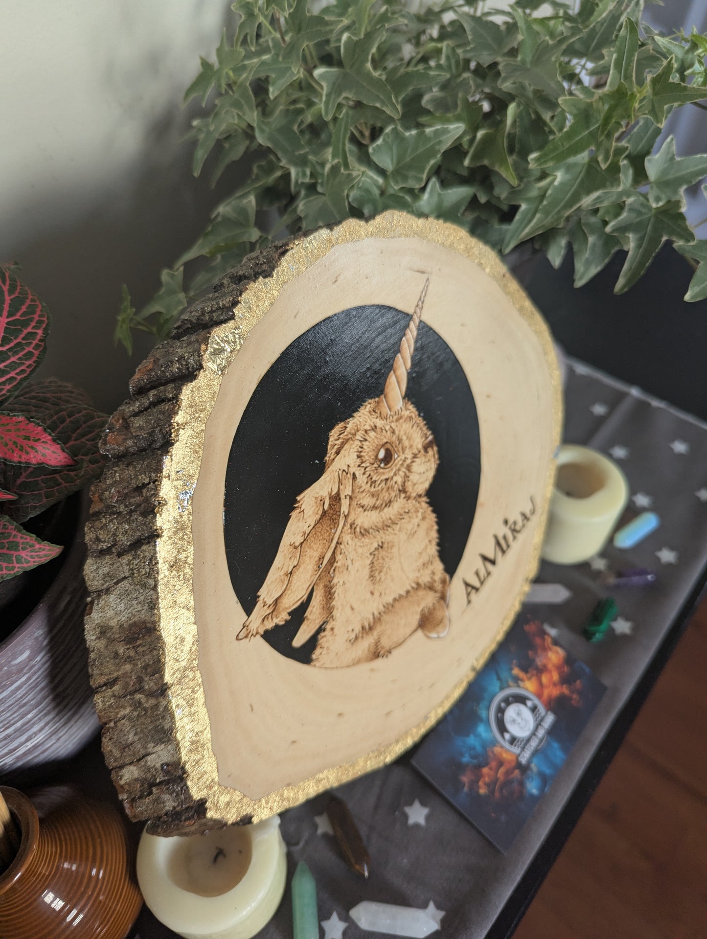 'Gilded Al-Mi'raj', Pyrography with Gold Foil Accents on Wood, Desk/Wall Art