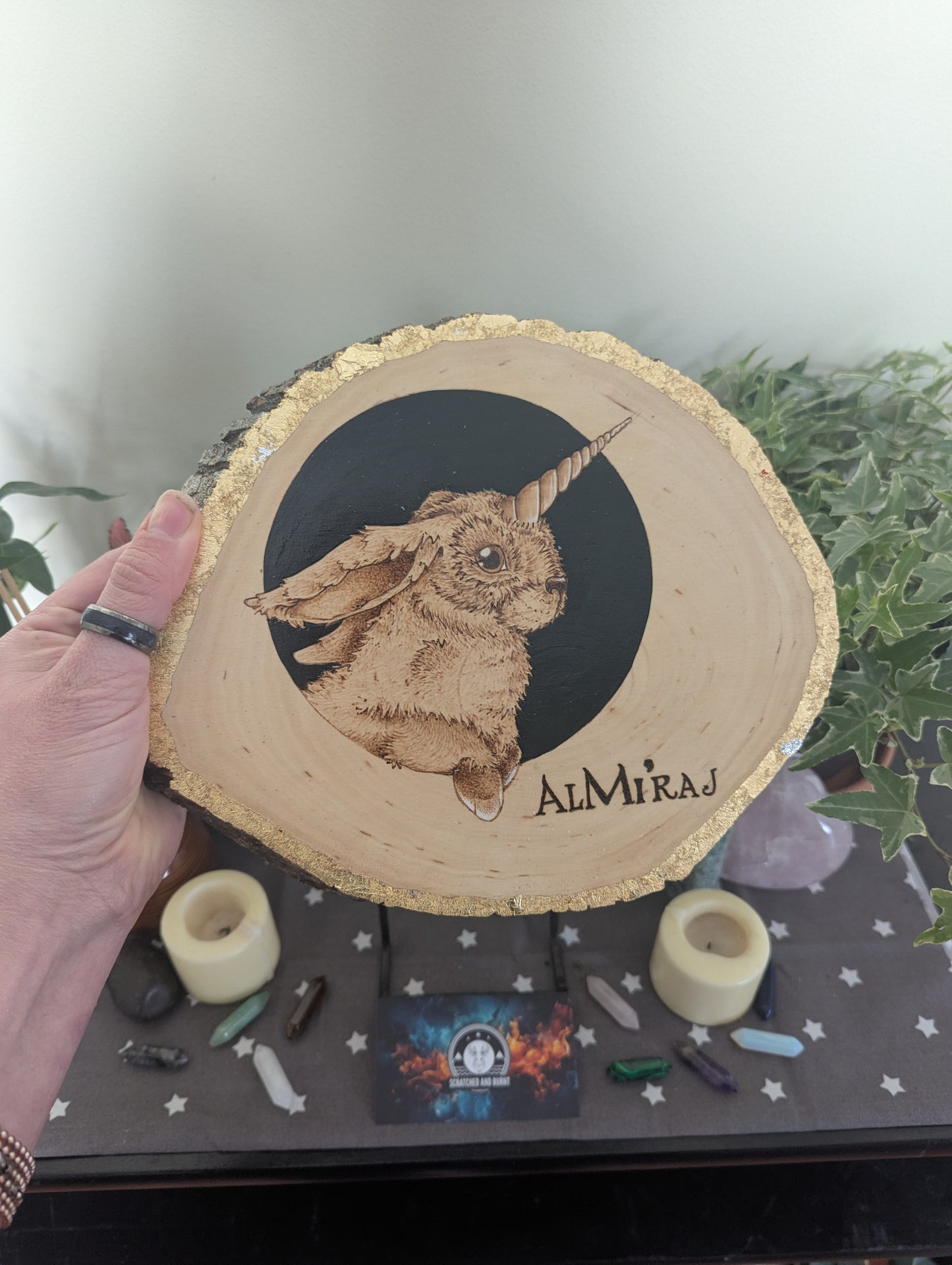 'Gilded Al-Mi'raj', Pyrography with Gold Foil Accents on Wood, Desk/Wall Art