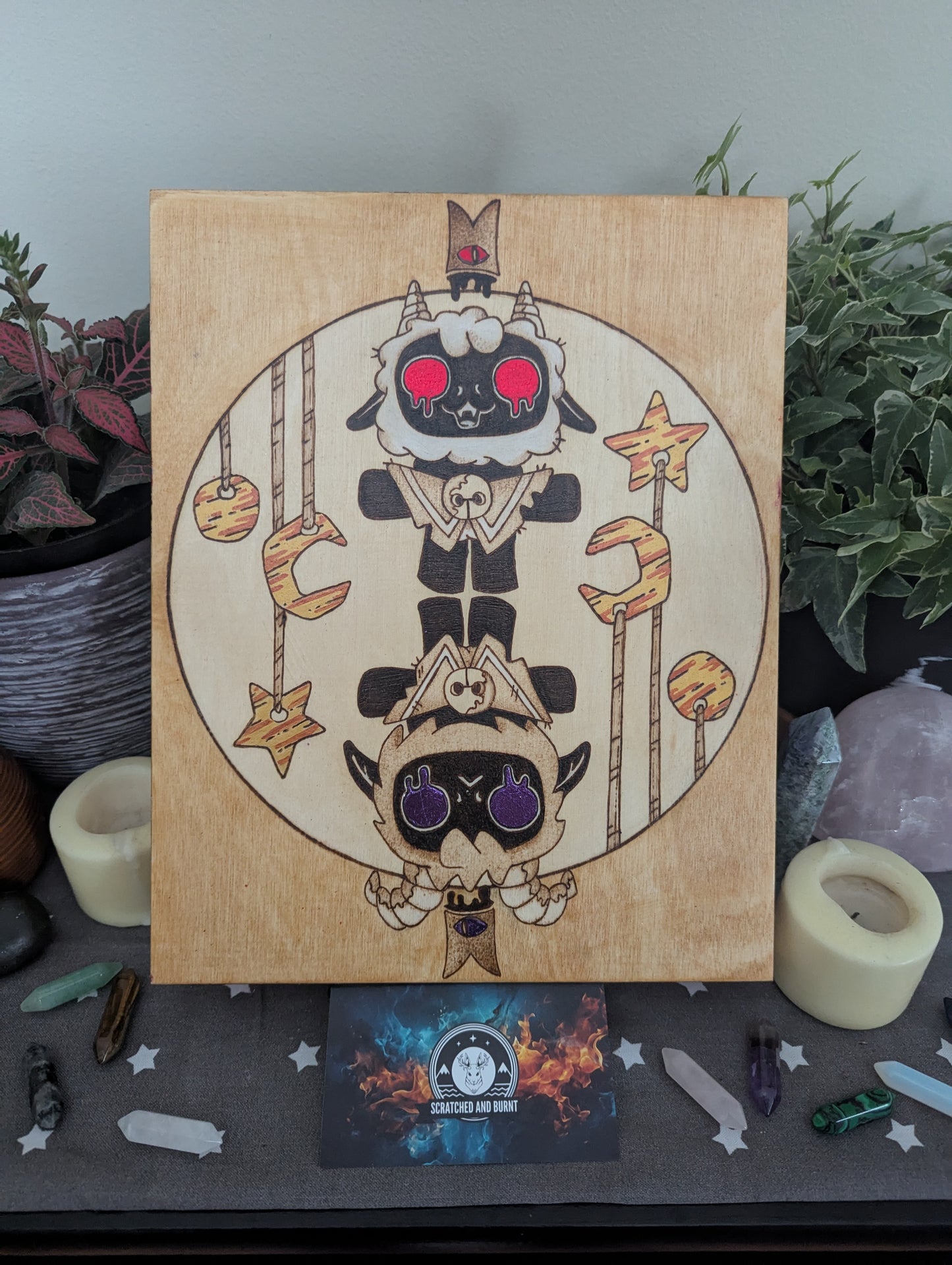 'Cult of the Lamb, Twins' Theme Pyrography with Colored Foil Accents, on Wood, Wall/ Desk Art