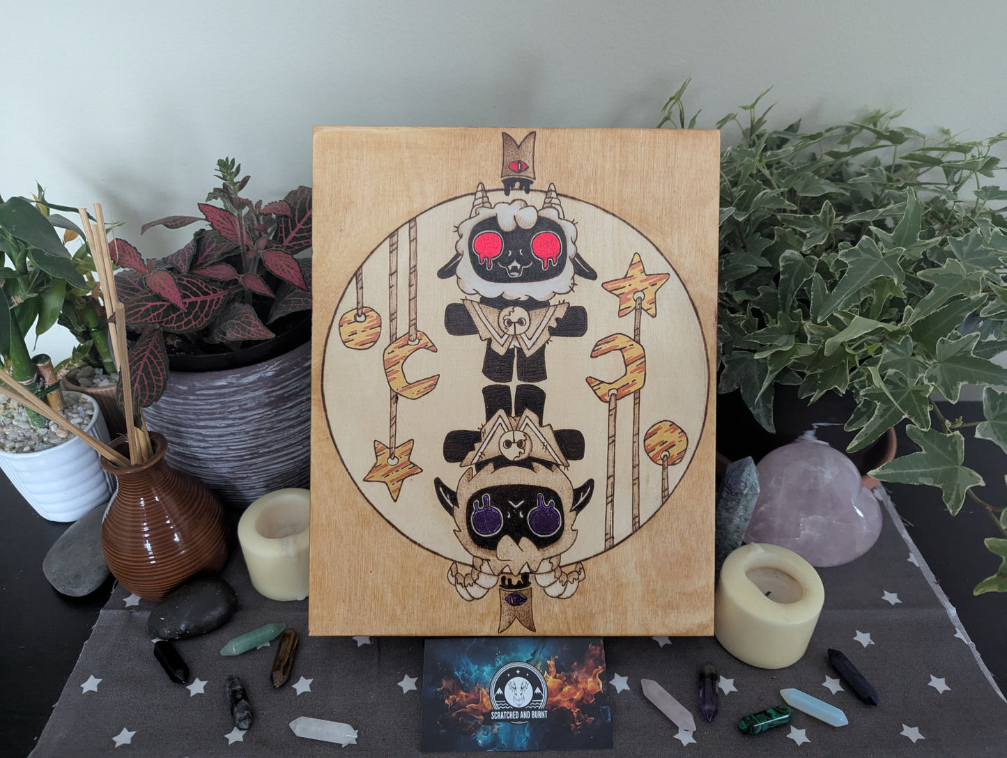 'Cult of the Lamb, Twins' Theme Pyrography with Colored Foil Accents, on Wood, Wall/ Desk Art