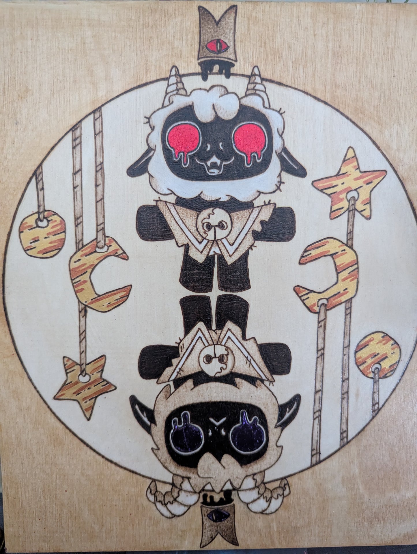 'Cult of the Lamb, Twins' Theme Pyrography with Colored Foil Accents, on Wood, Wall/ Desk Art