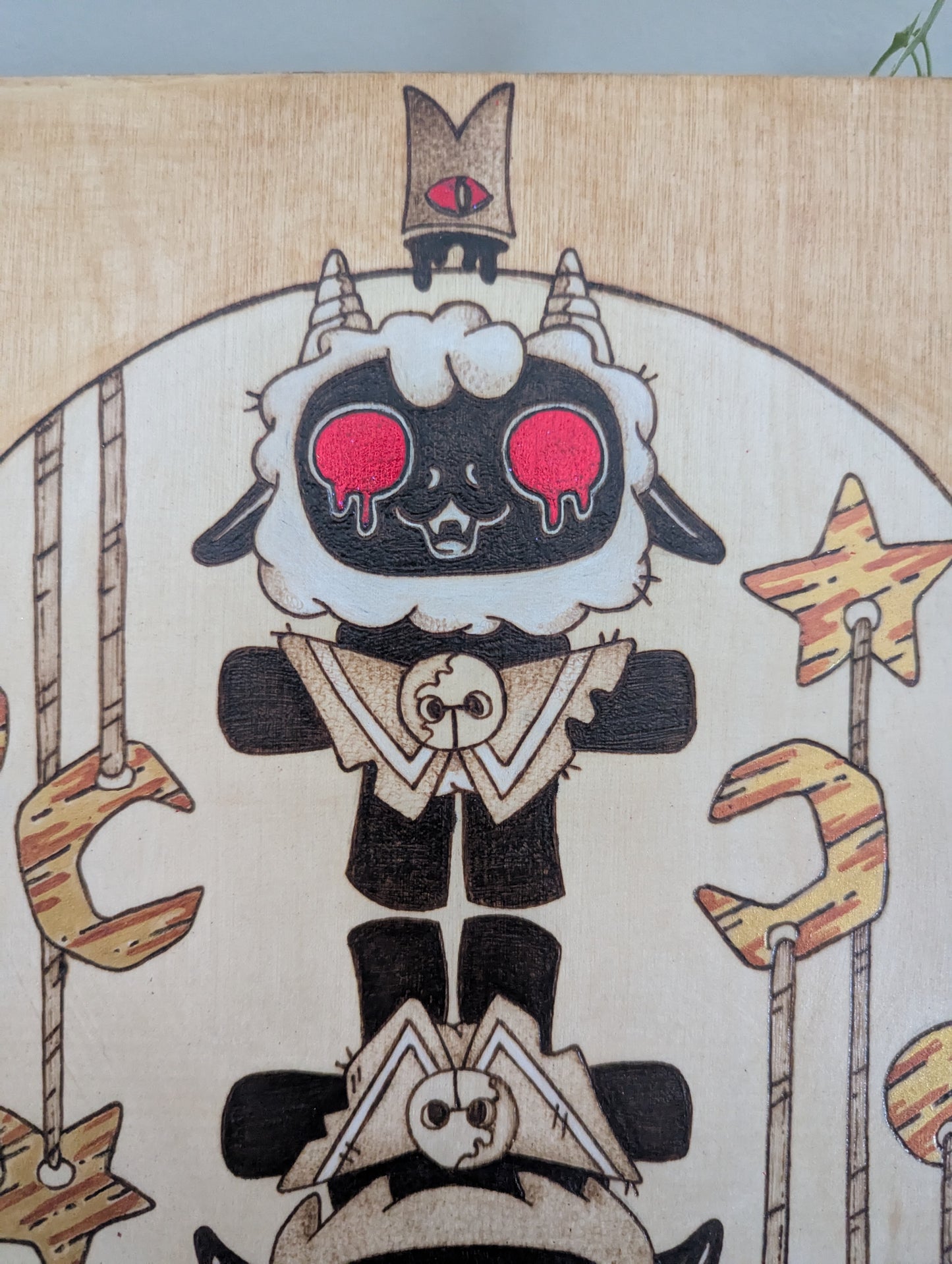 'Cult of the Lamb, Twins' Theme Pyrography with Colored Foil Accents, on Wood, Wall/ Desk Art
