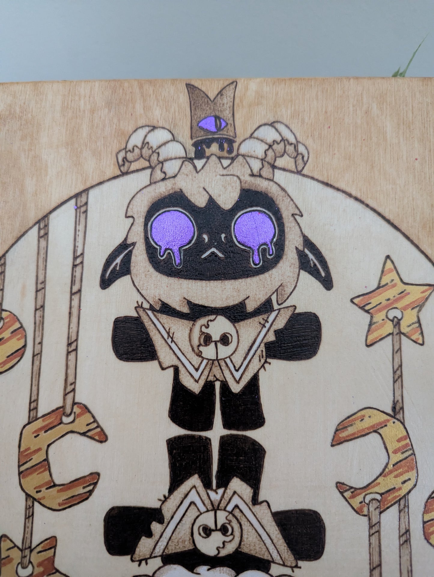 'Cult of the Lamb, Twins' Theme Pyrography with Colored Foil Accents, on Wood, Wall/ Desk Art