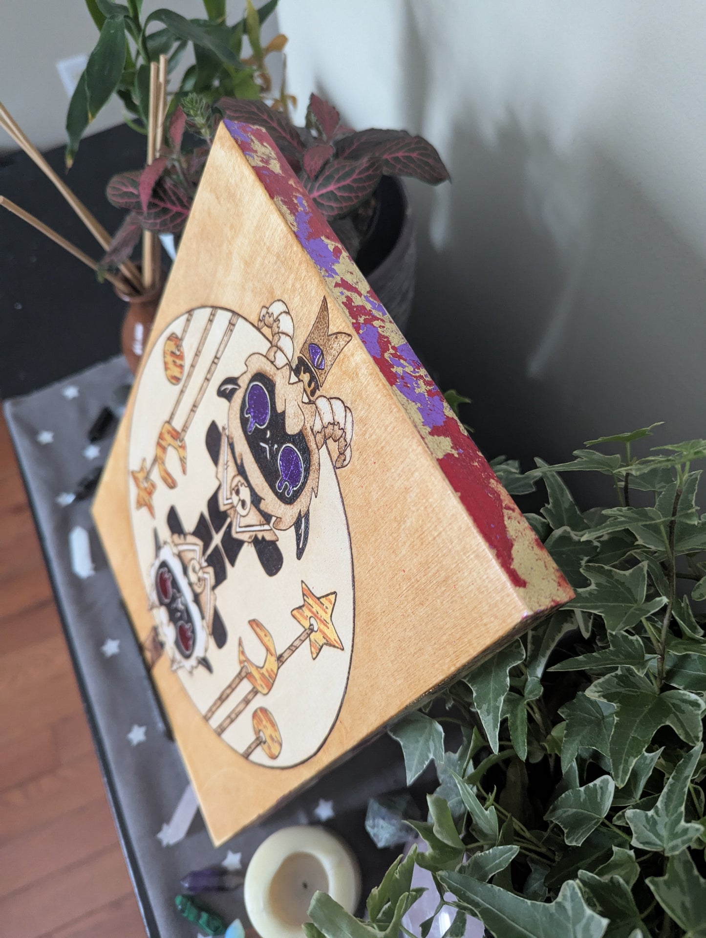 'Cult of the Lamb, Twins' Theme Pyrography with Colored Foil Accents, on Wood, Wall/ Desk Art