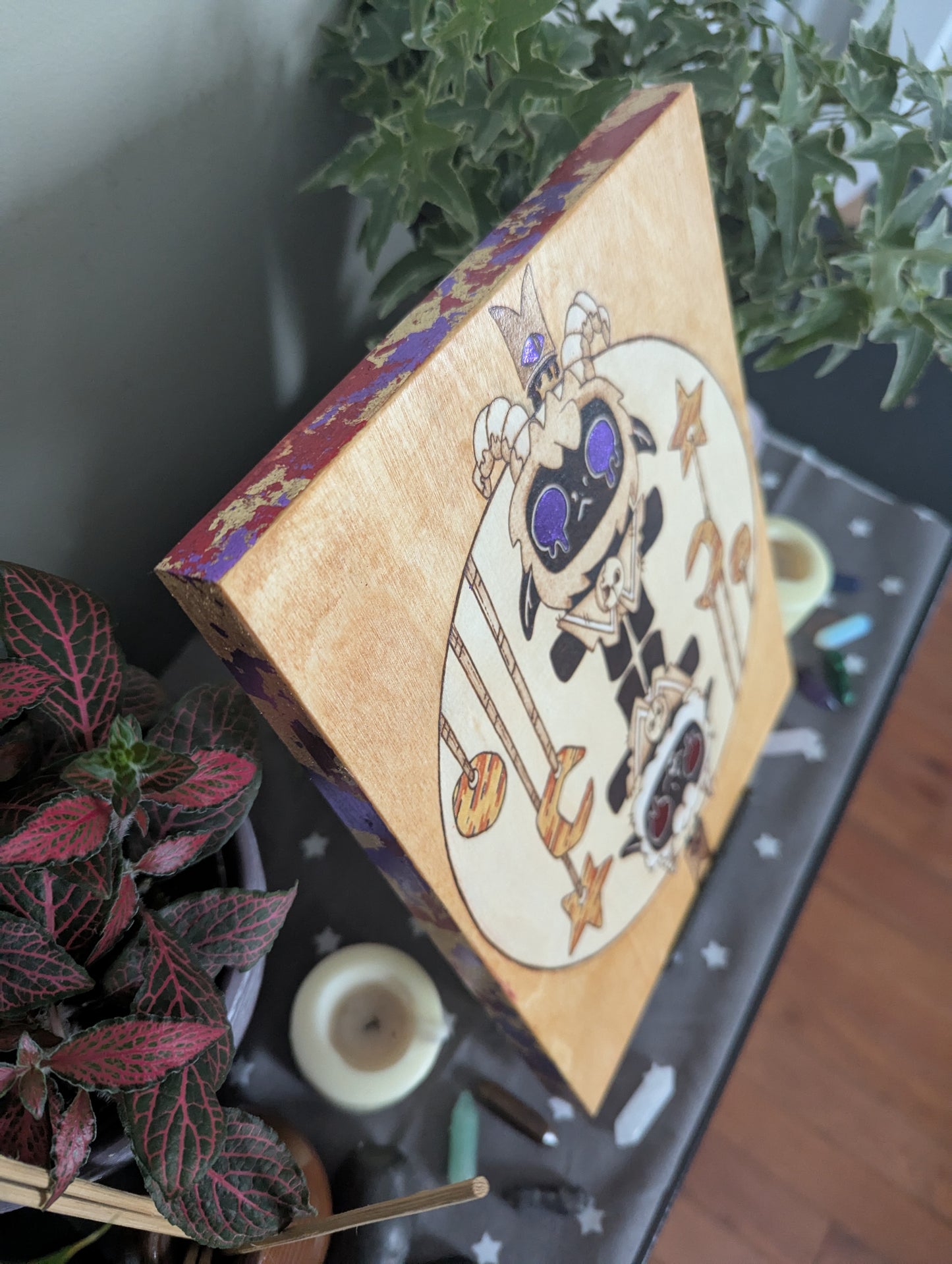 'Cult of the Lamb, Twins' Theme Pyrography with Colored Foil Accents, on Wood, Wall/ Desk Art