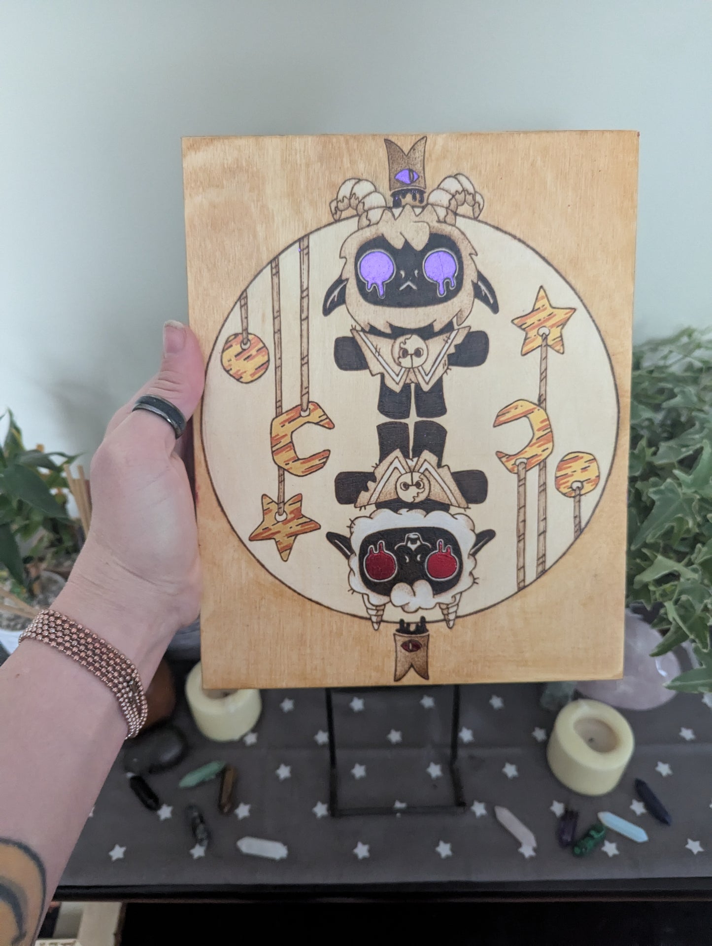 'Cult of the Lamb, Twins' Theme Pyrography with Colored Foil Accents, on Wood, Wall/ Desk Art