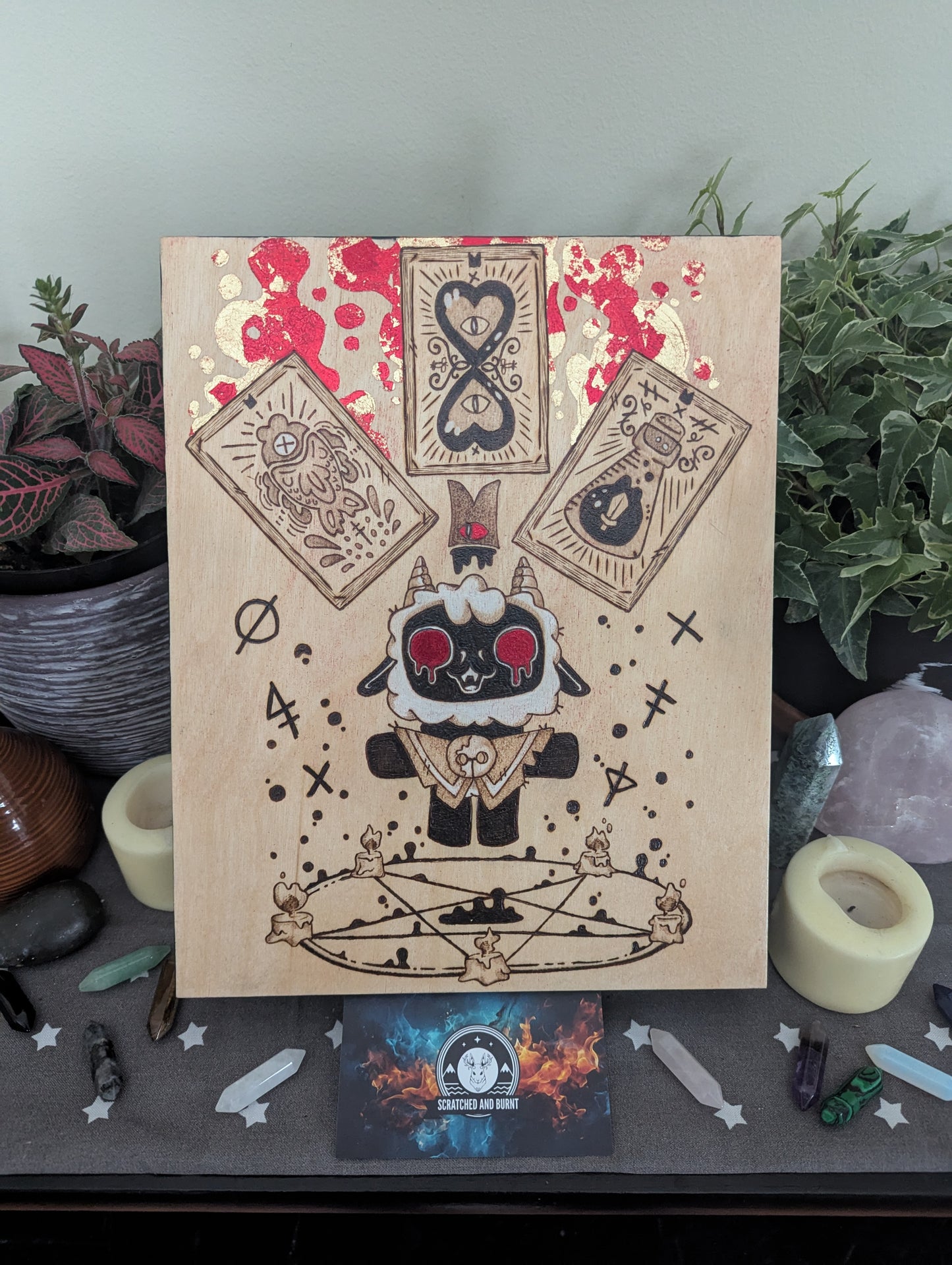 'Cult of the Lamb' Theme Pyrography with Colored Foil Accents, on Wood