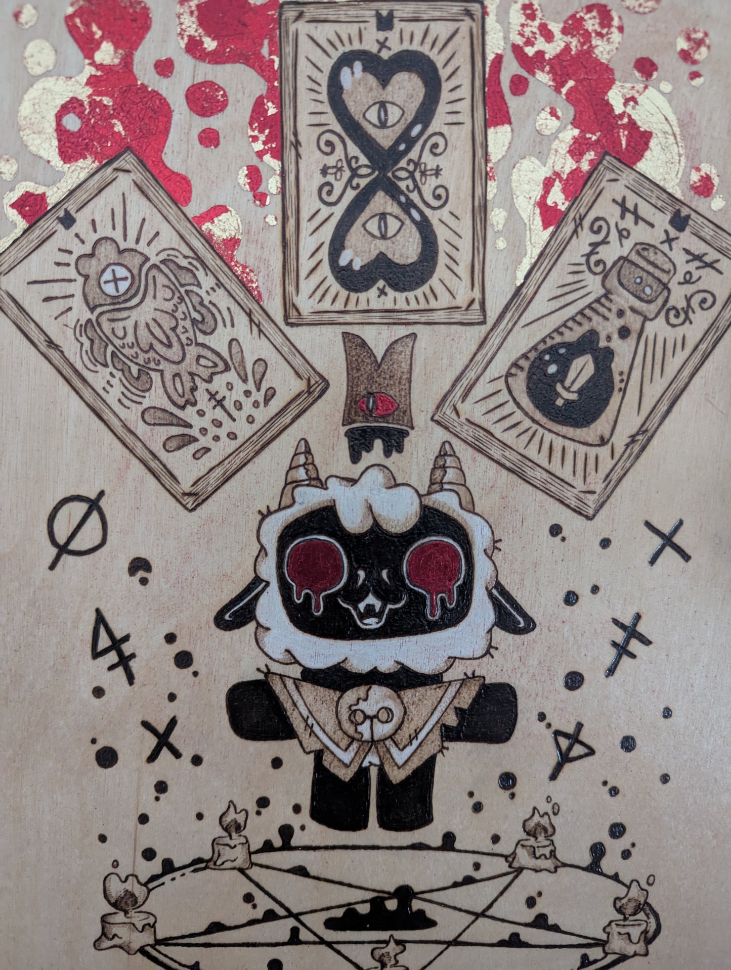 'Cult of the Lamb' Theme Pyrography with Colored Foil Accents, on Wood