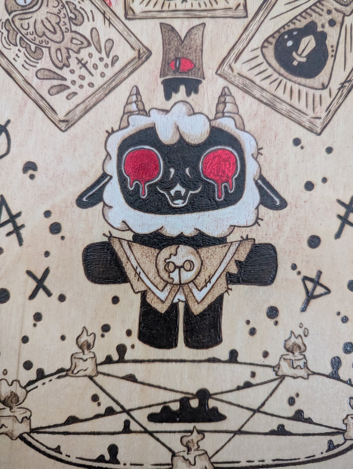 'Cult of the Lamb' Theme Pyrography with Colored Foil Accents, on Wood