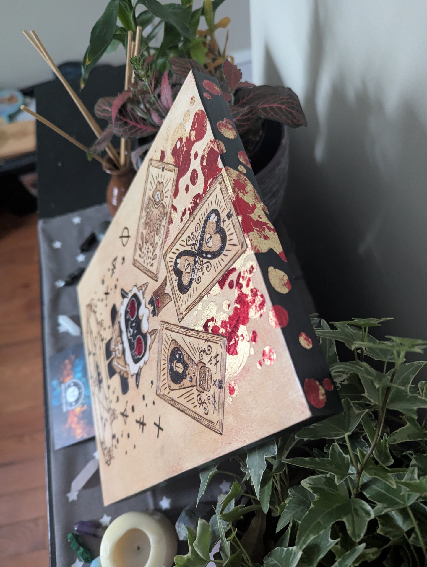 'Cult of the Lamb' Theme Pyrography with Colored Foil Accents, on Wood