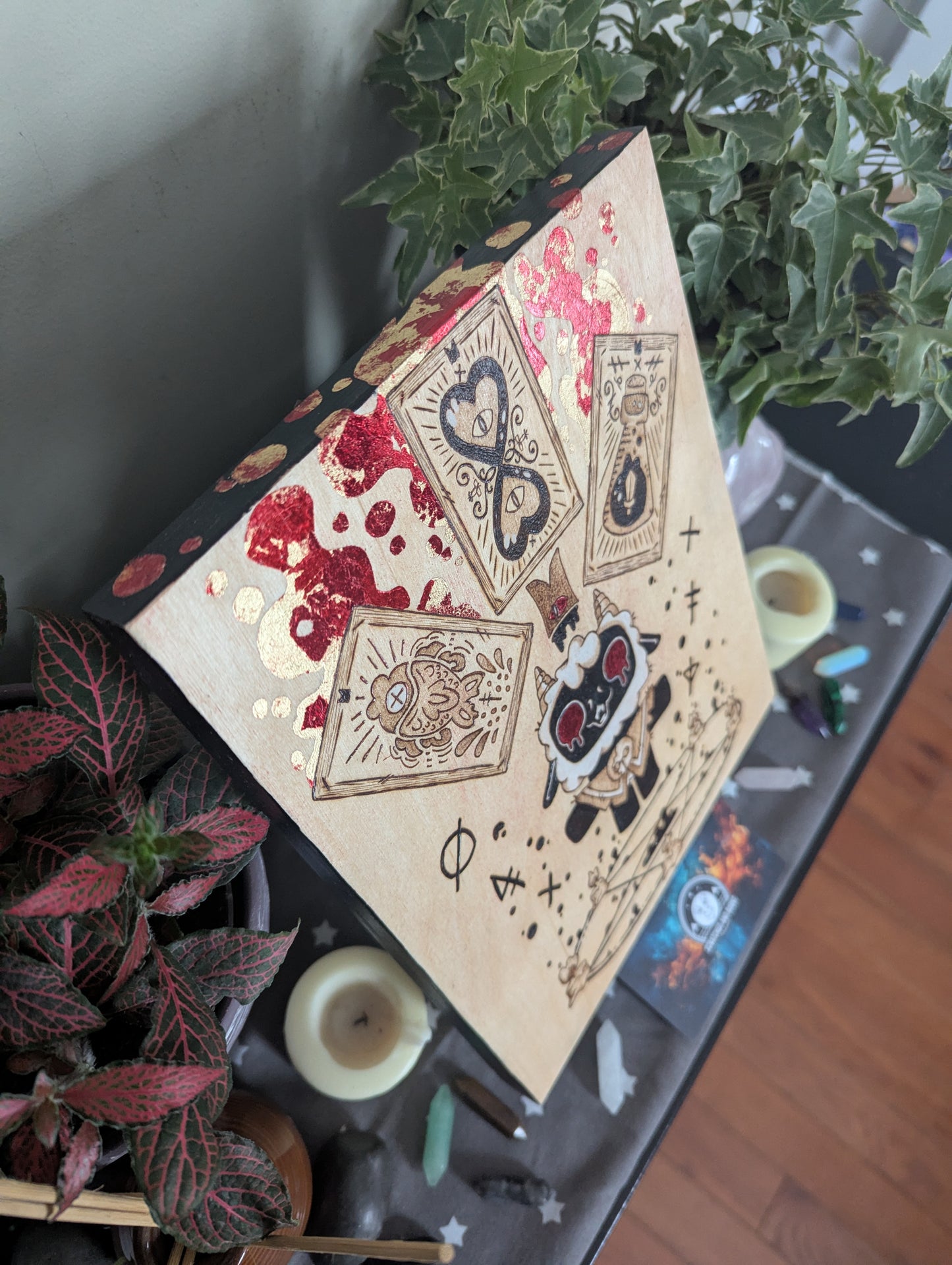 'Cult of the Lamb' Theme Pyrography with Colored Foil Accents, on Wood