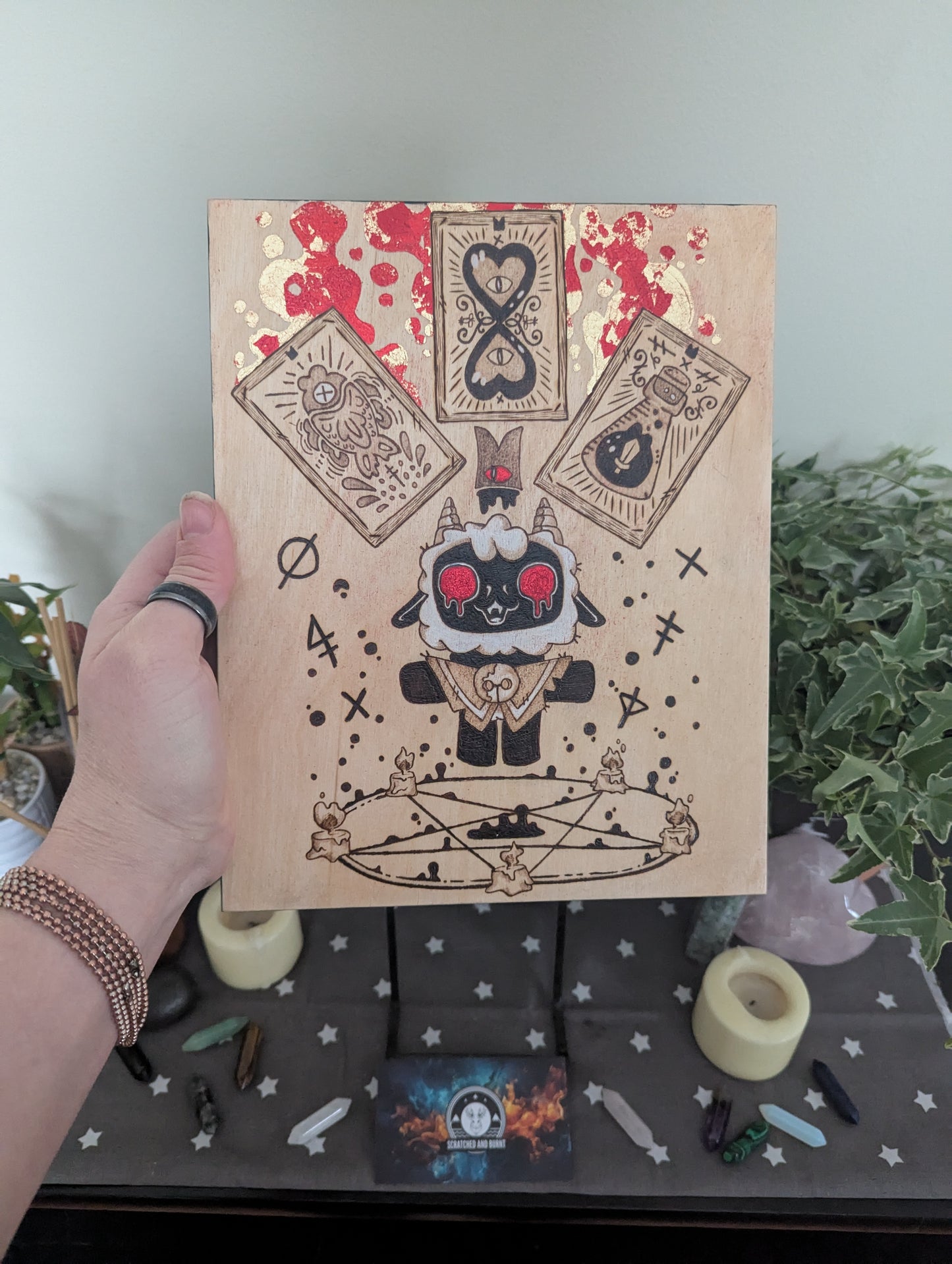 'Cult of the Lamb' Theme Pyrography with Colored Foil Accents, on Wood