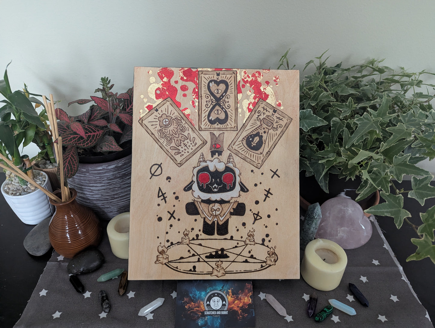 'Cult of the Lamb' Theme Pyrography with Colored Foil Accents, on Wood