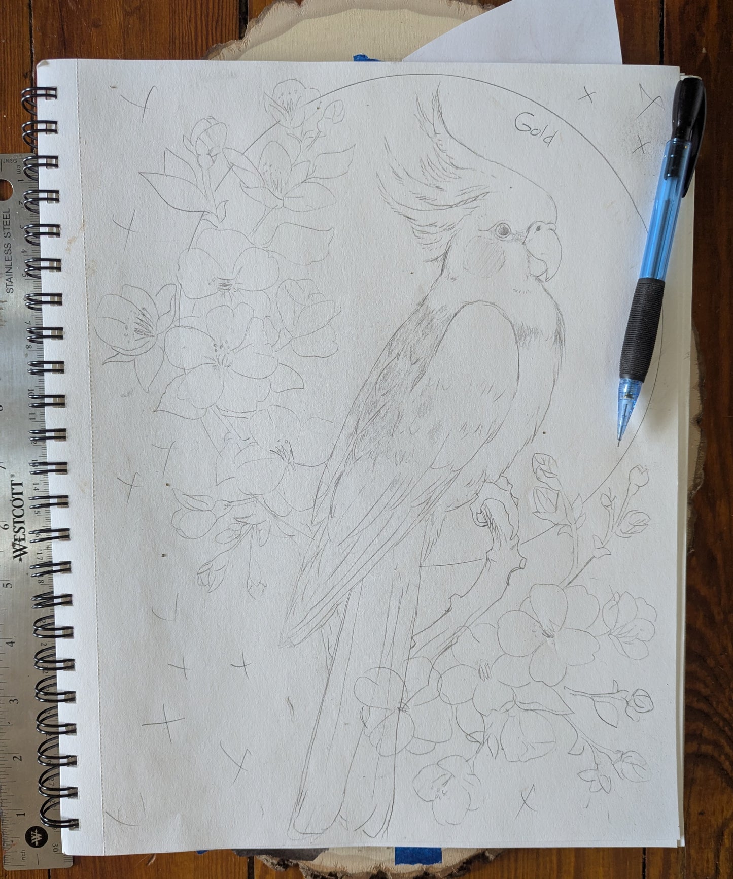 Custom Piece, Parakeet w/ Floral and Gold Paint, Pyrography on Wood Plaque