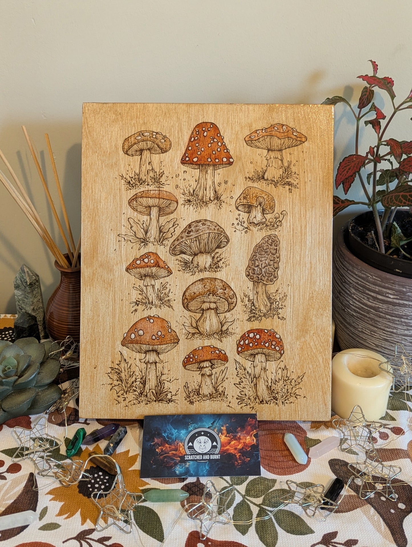 Golden Mushrooms, Pyrography w/ Colored Stains, Desk/Wall Art