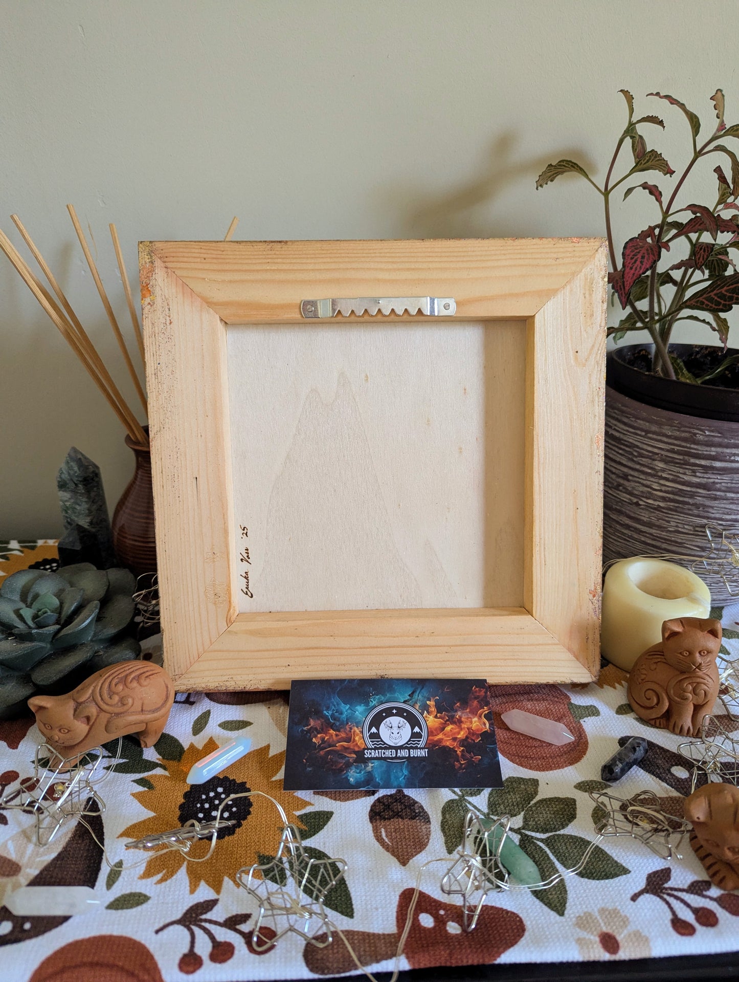 Cat in Bloom, Pyrography w/ Watercolors, Colored Foil Accents, on Wood, Wall/ Desk Art