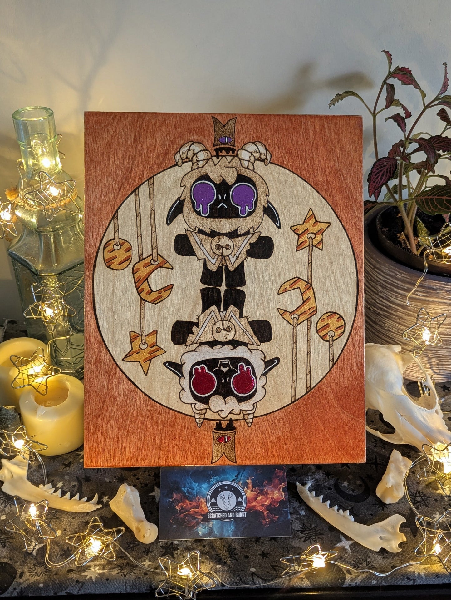 'Cult of the Lamb, Twins' Theme Pyrography with Colored Foil Accents, on Wood, Wall/ Desk Art
