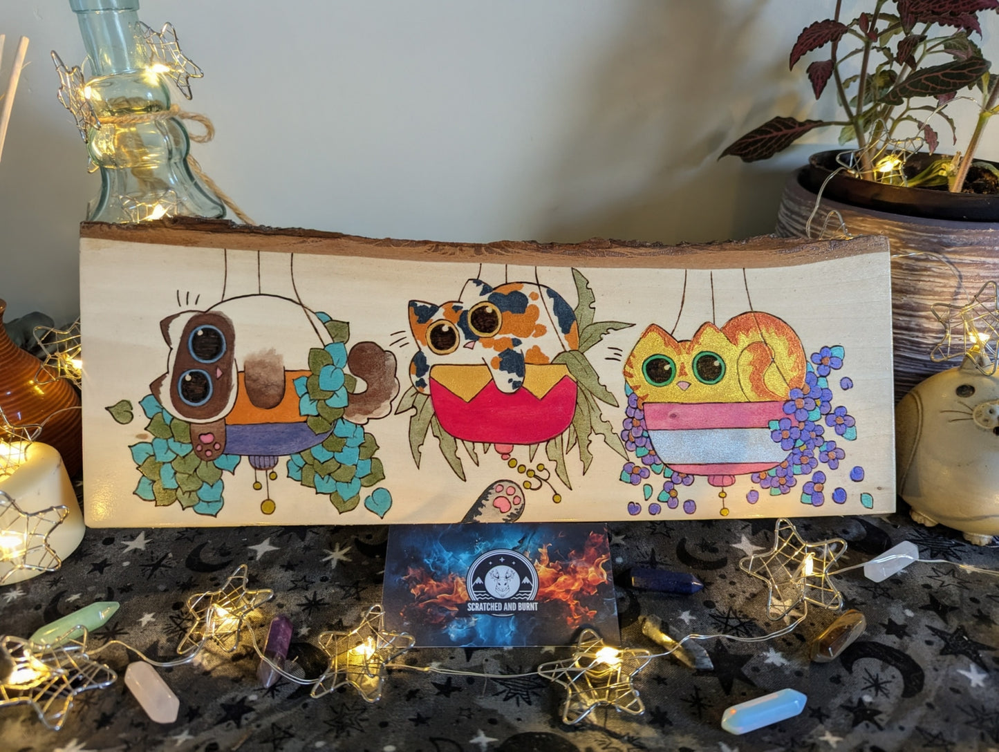 Cats in Plants, the Hanging Cat Trio, Pyrography, Watercolors on Wood, Desk/Wall Art