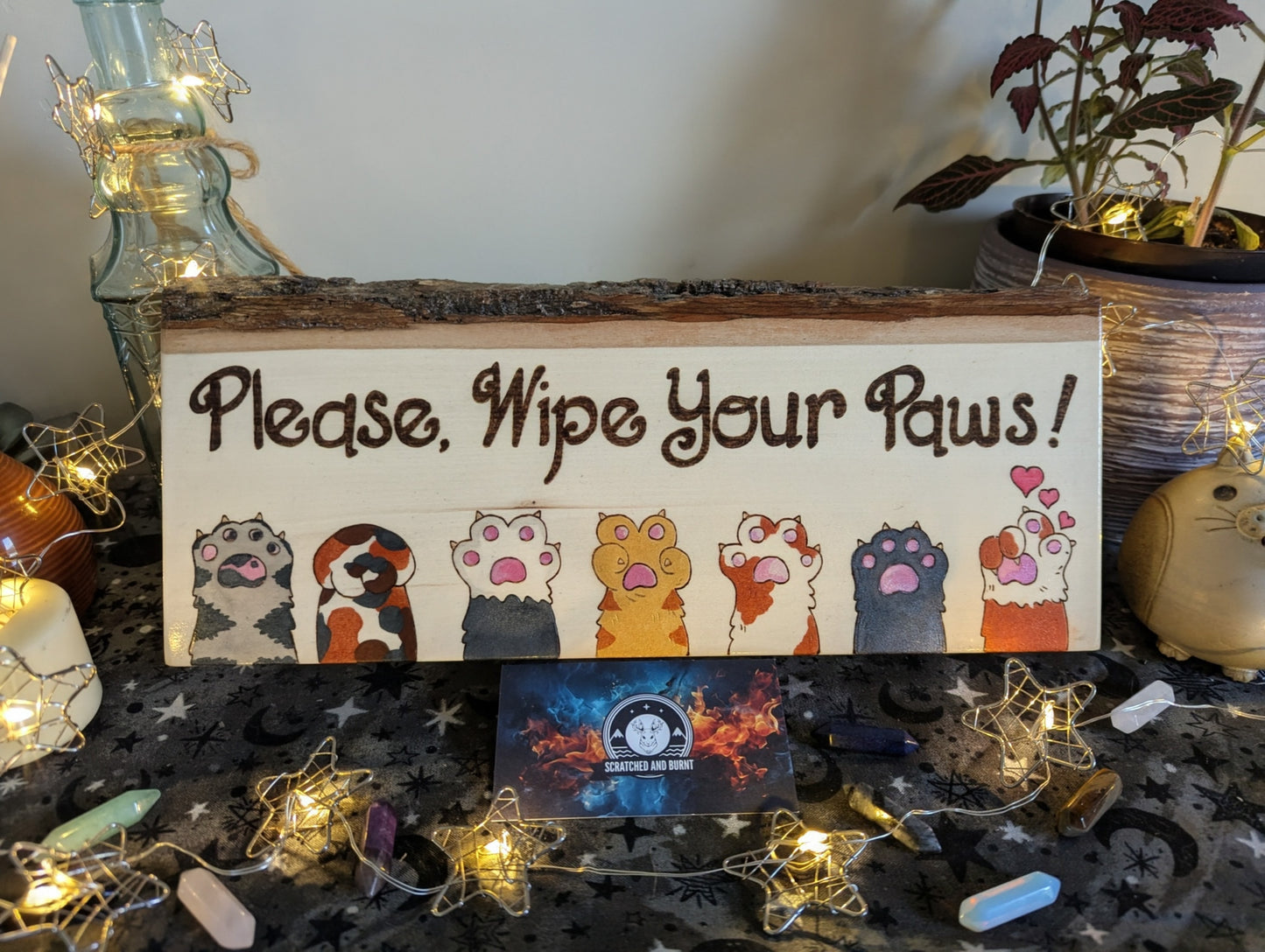 Please, Wipe Your Paws! Colorful Paws, Pyrography, Watercolors on Wood, Desk/Wall Art