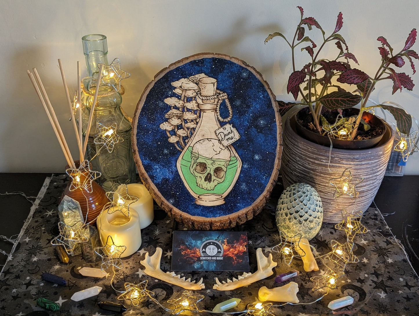 'Skull Tonic', Pyrography, Acrylics on Wood, Desk/Wall Art