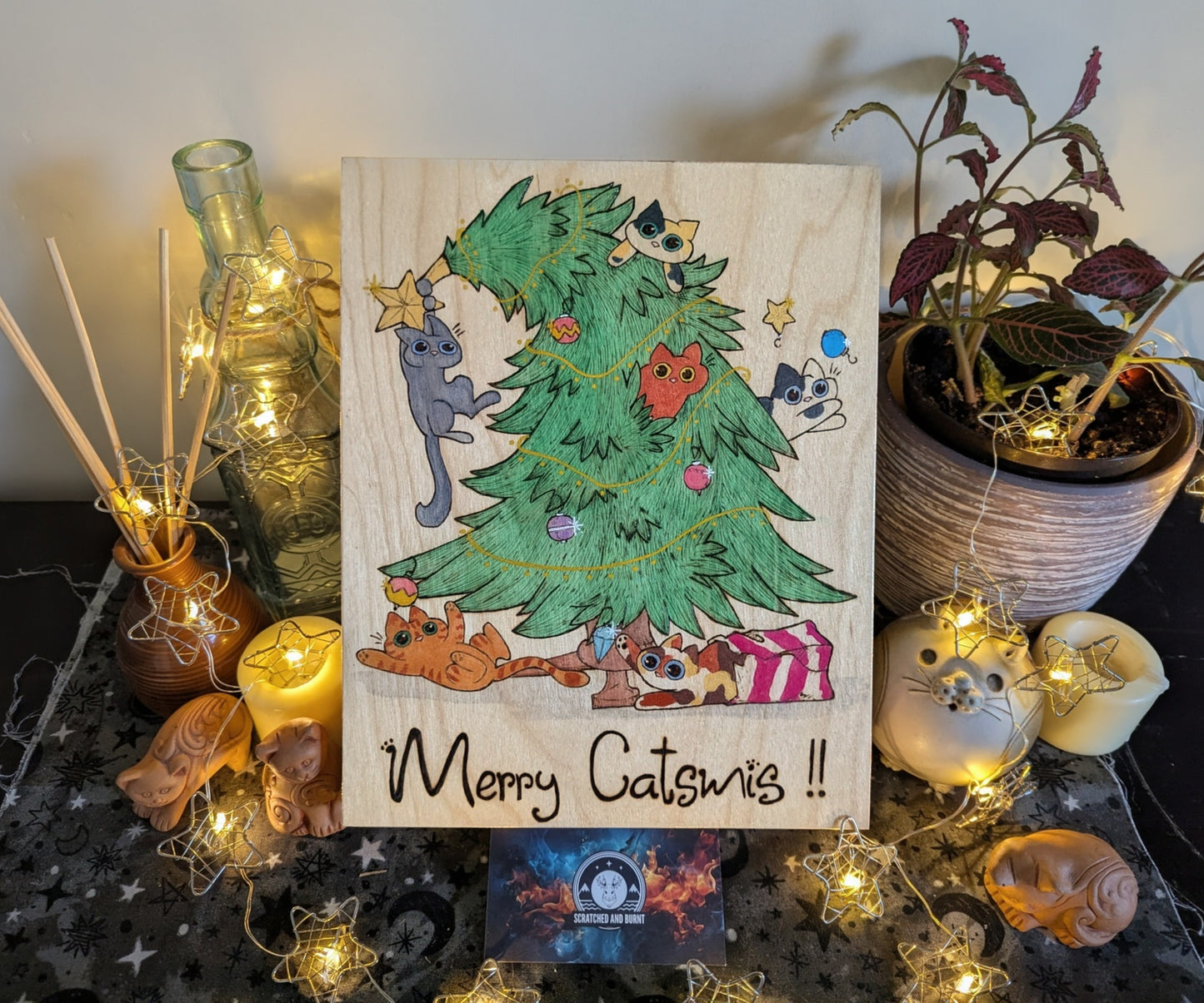 Merry Catsmis!!, Pyrography, Watercolors & Colored Foil Accents, on Wood, Wall/ Desk Art