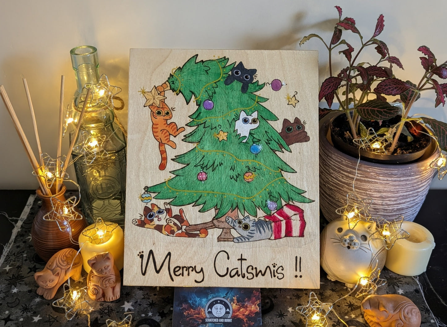 Merry Catsmis!!, Pyrography, Watercolors & Colored Foil Accents, on Wood, Wall/ Desk Art