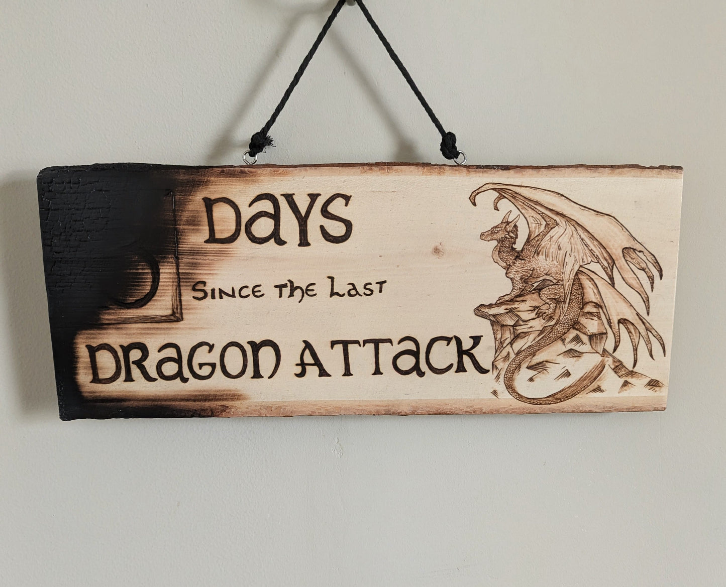 'Dragon Attack' Sign, Pyrography on Basswood, Wall Art